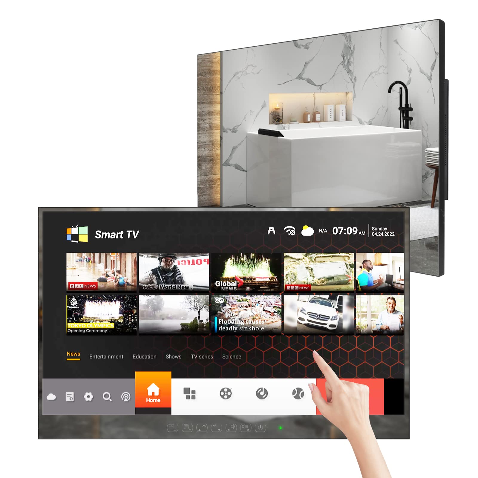 تلویزیون آینه هوشمند Soulaca 27 اینچ برای حمام، صفحه لمسی تمام صفحه، کیفیت تصویر 1080P ضدآب با Wi-Fi و بلوتوث، یکپارچه با بلندگو، مدل 2024 27 اینچ با تاچ پنل (اندروید) - HYM27E-TBLS11017