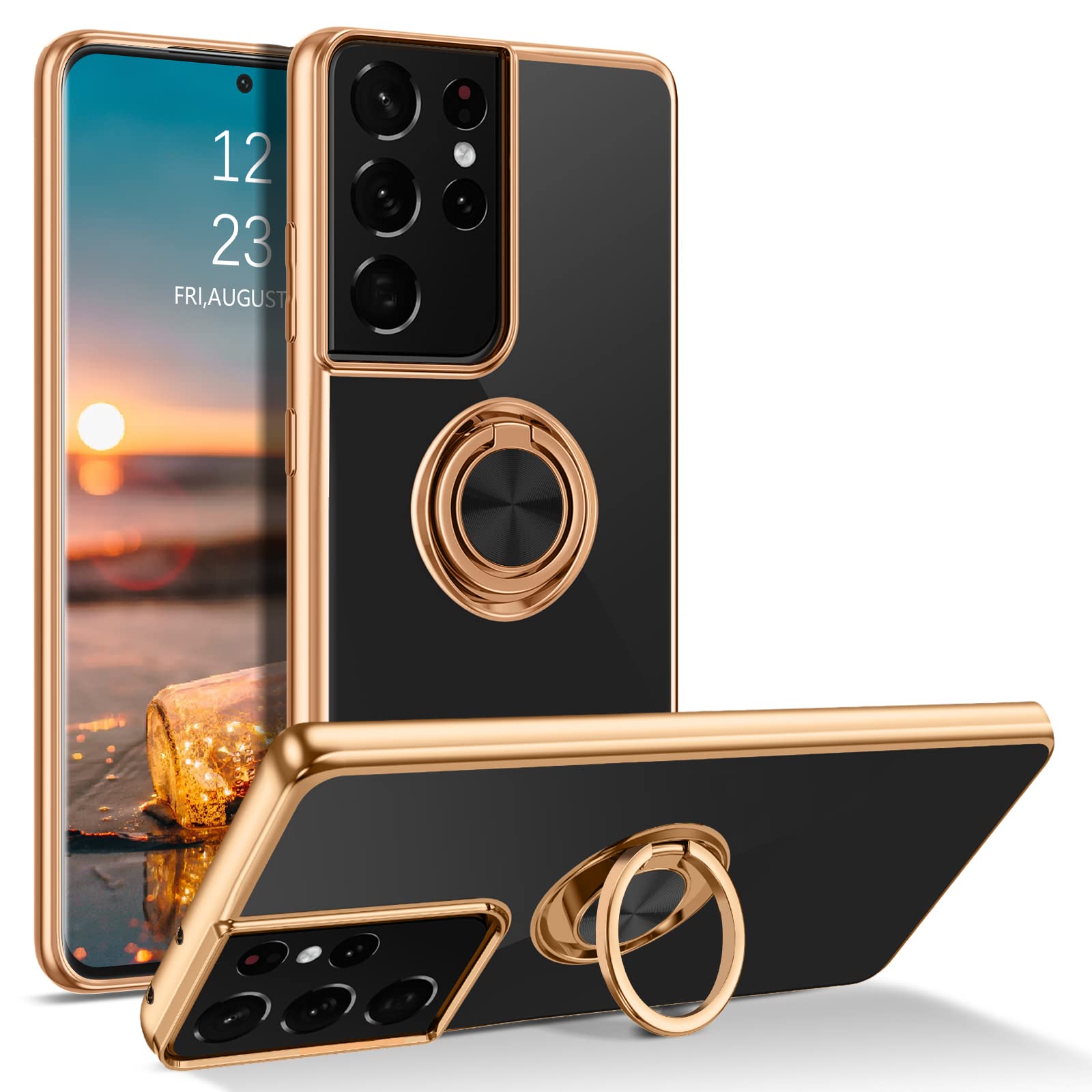 کیف محافظ BENTOBEN سازگار با گوشی سامسونگ Galaxy S21 Ultra با حلقه 360 درجه، ضد شوک، استند نگهدارنده ظریف، مغناطیسی، برای مردان و زنان، کیف محافظ ضد لغزش برای گوشی Galaxy S21 Ultra 6.8 اینچ، مدل مشکی/طلایی C956-مشکی