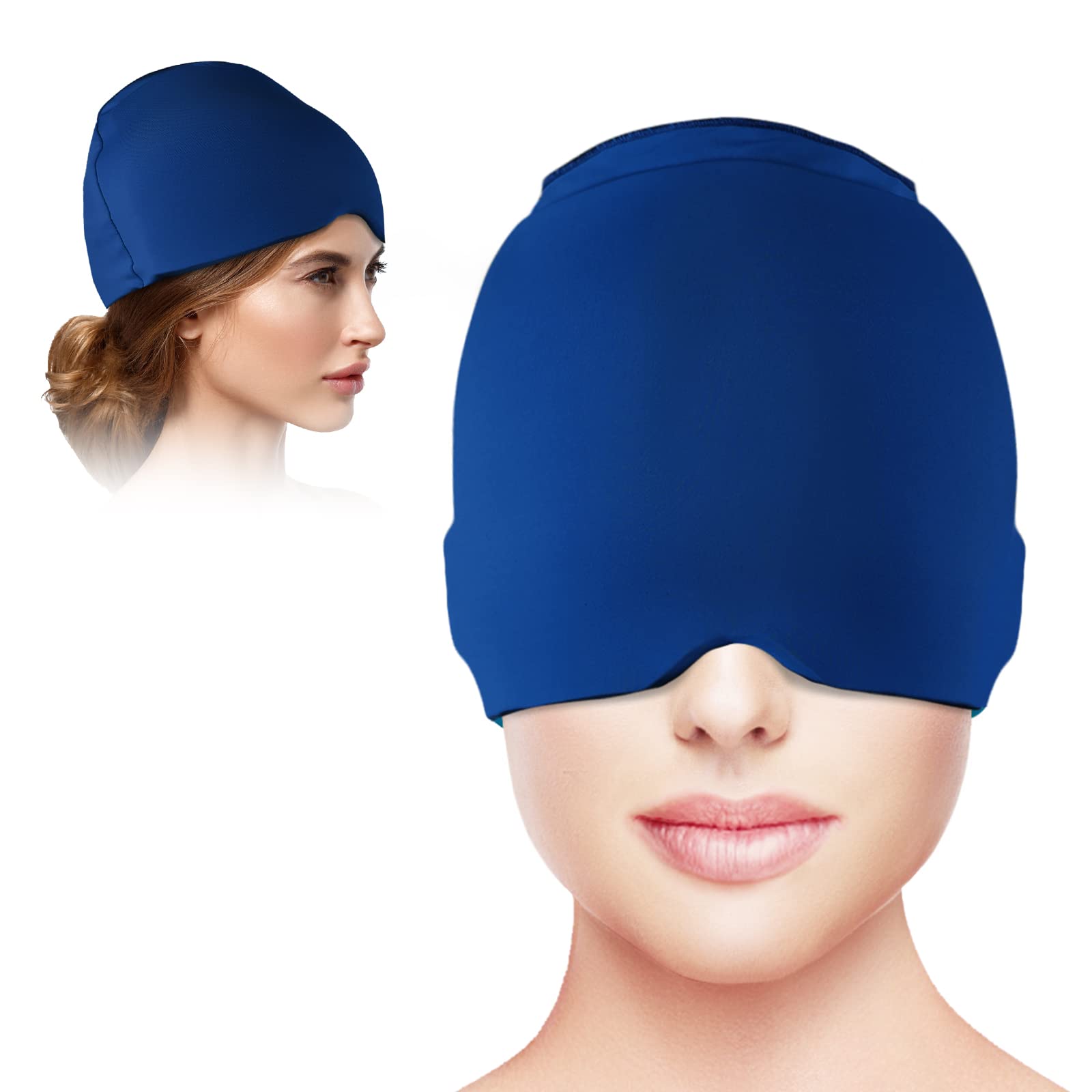 کلاه یخ برای میگرن قابل استفاده، کلاه تسکین سردرد برای تنش سینوسی، خستگی چشم و تب، طراحی یک قطعه مناسب برای همه اندازه‌های سر، کلاه یخ بسته‌بندی شده گرم و سرد تراپی برای میگرن سر(آبی) آبی تیره