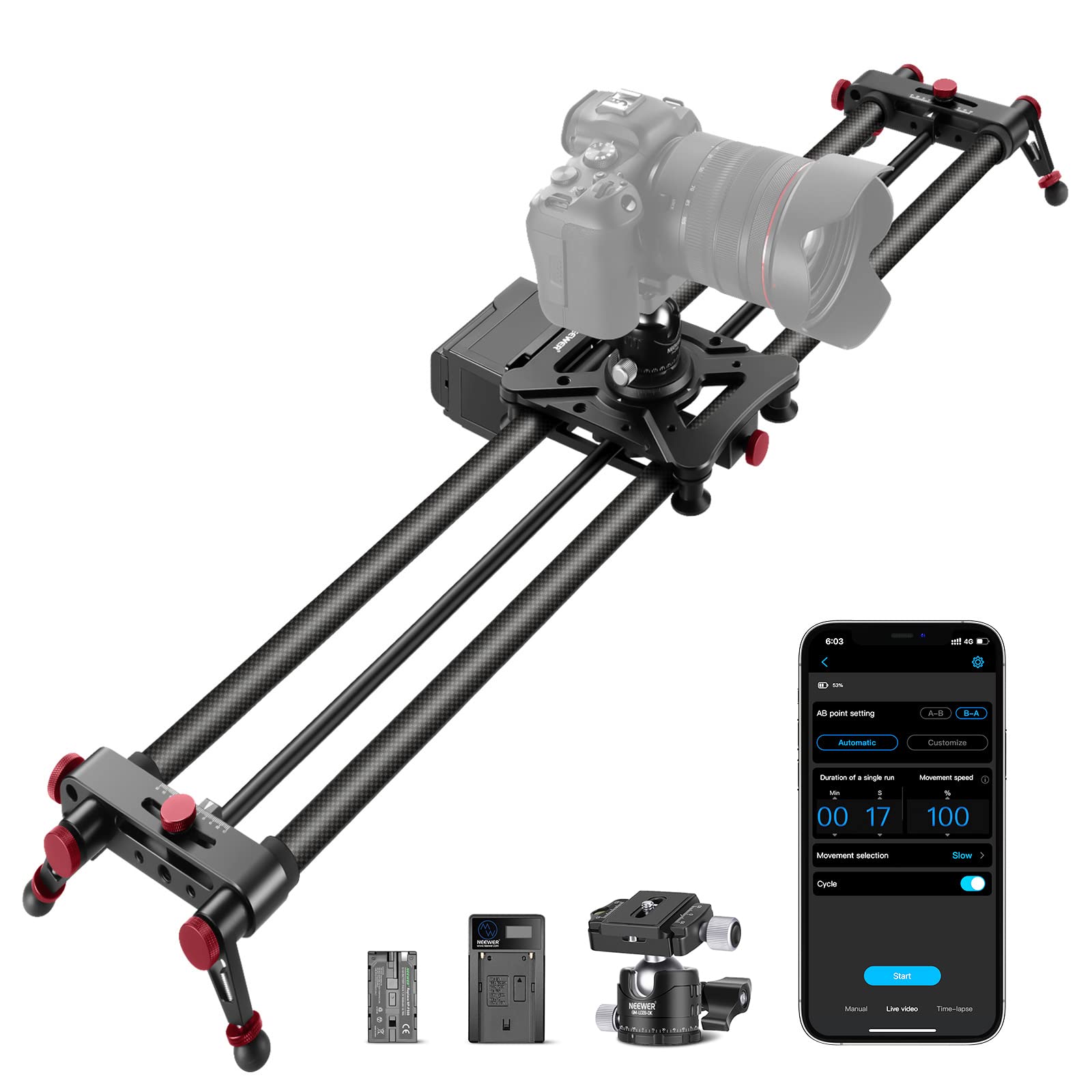 اسلایدر دوربین موتوریزه NEEWER 47.2 "/ 120 سانتیمتر، کنترل بی‌سیم اپلیکیشن، ریل کربن فایبری دالی، پشتیبانی از حالت ویدیویی، عکاسی تایم لپس، افقی، پیگیری و عکاسی پانورامای 120 درجه (ER1-120)