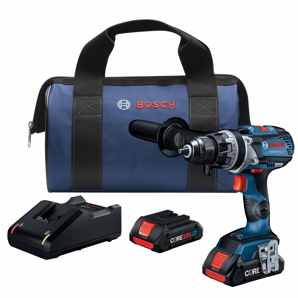 BOSCH GSR18V-975CB25 18 ولت براشا نامتصل آماده 1/2 اینچ دورقه/دریل با کیت (2) باتری های قدرتی پیشرفته CORE18V 4 آمپر ساعتی با (2) باتری 18 ولت 4 آمپر ساعت