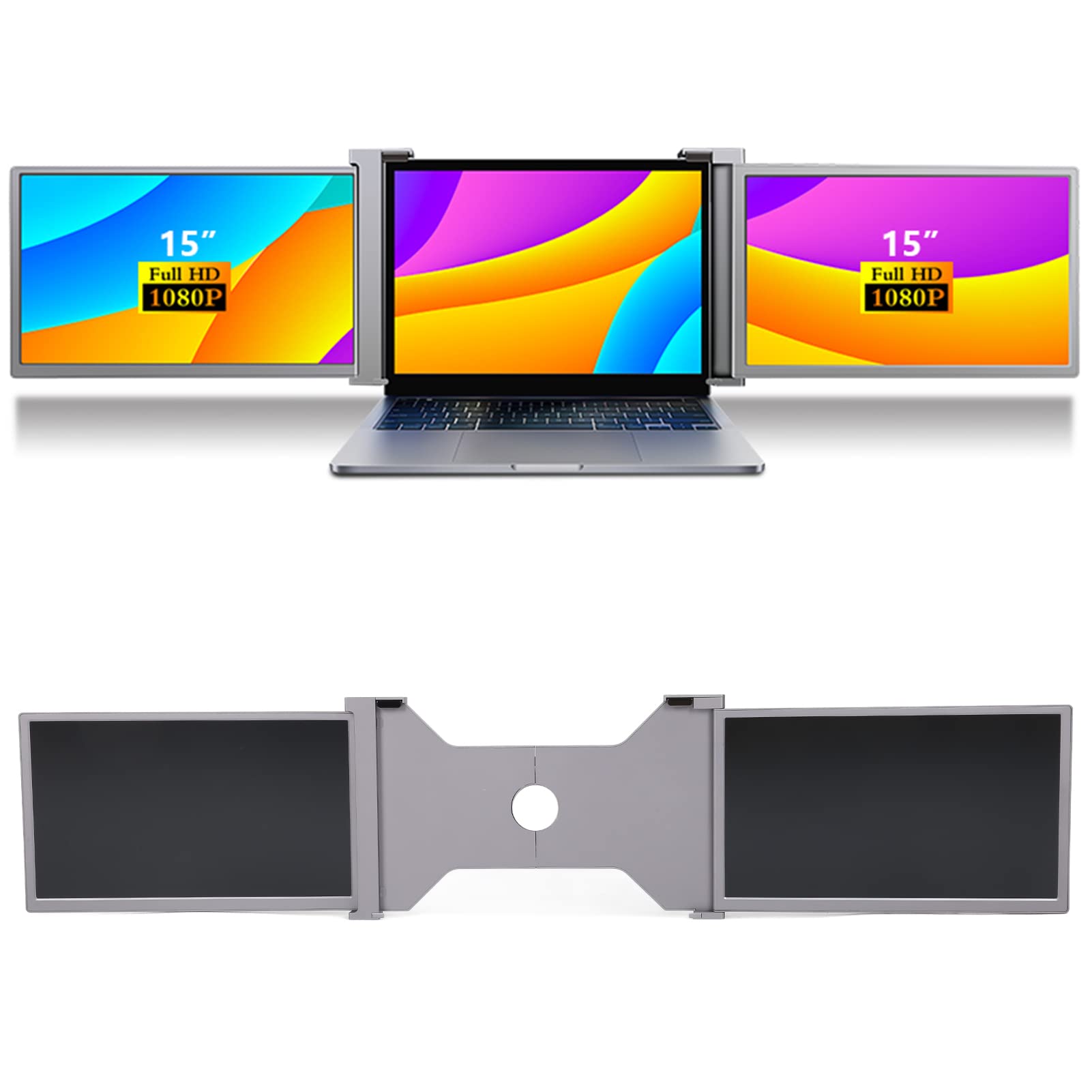 واکرز تریپل مانیتور قابل حمل، نمایشگر IPS FHD 1080P 15 اینچی تاشو با قابلیت چرخش 0-180 درجه / 235 درجه، نمایشگر لپ تاپ گوشی تاشو دوتایی برای لپ تاپ‌ها و کامپیوترهای شخصی 15-17 اینچی، مدل فضای سفید