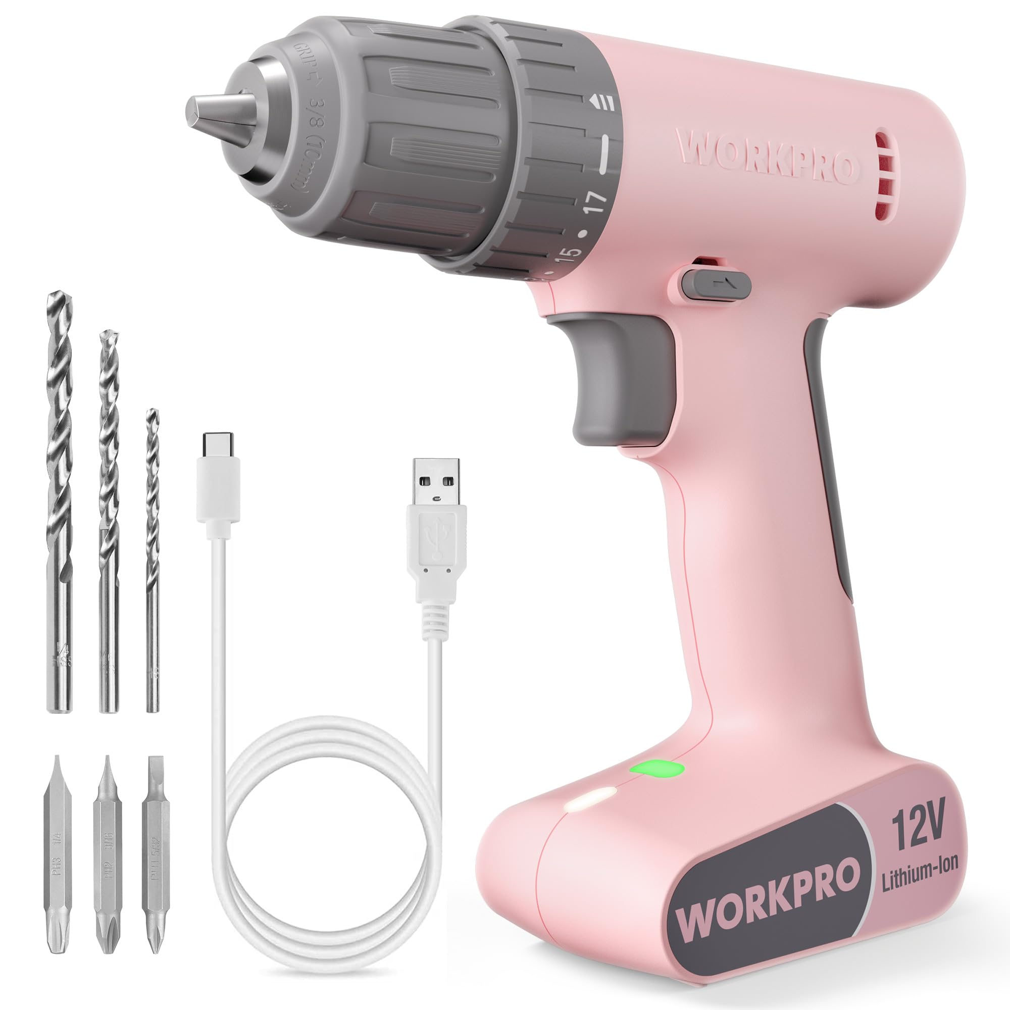 مجموعه دستگاه دریل بی‌سیم WORKPRO صورتی، دریل برقی 12 ولتی با 6 عدد دهانه، سه‌رباره بدون کلید 3/8 اینچ، سرعت متغیر، 18 تنظیم گشتاور، کابل شارژ Type-C، چراغ ال‌ای‌دی، ریبون صورتی