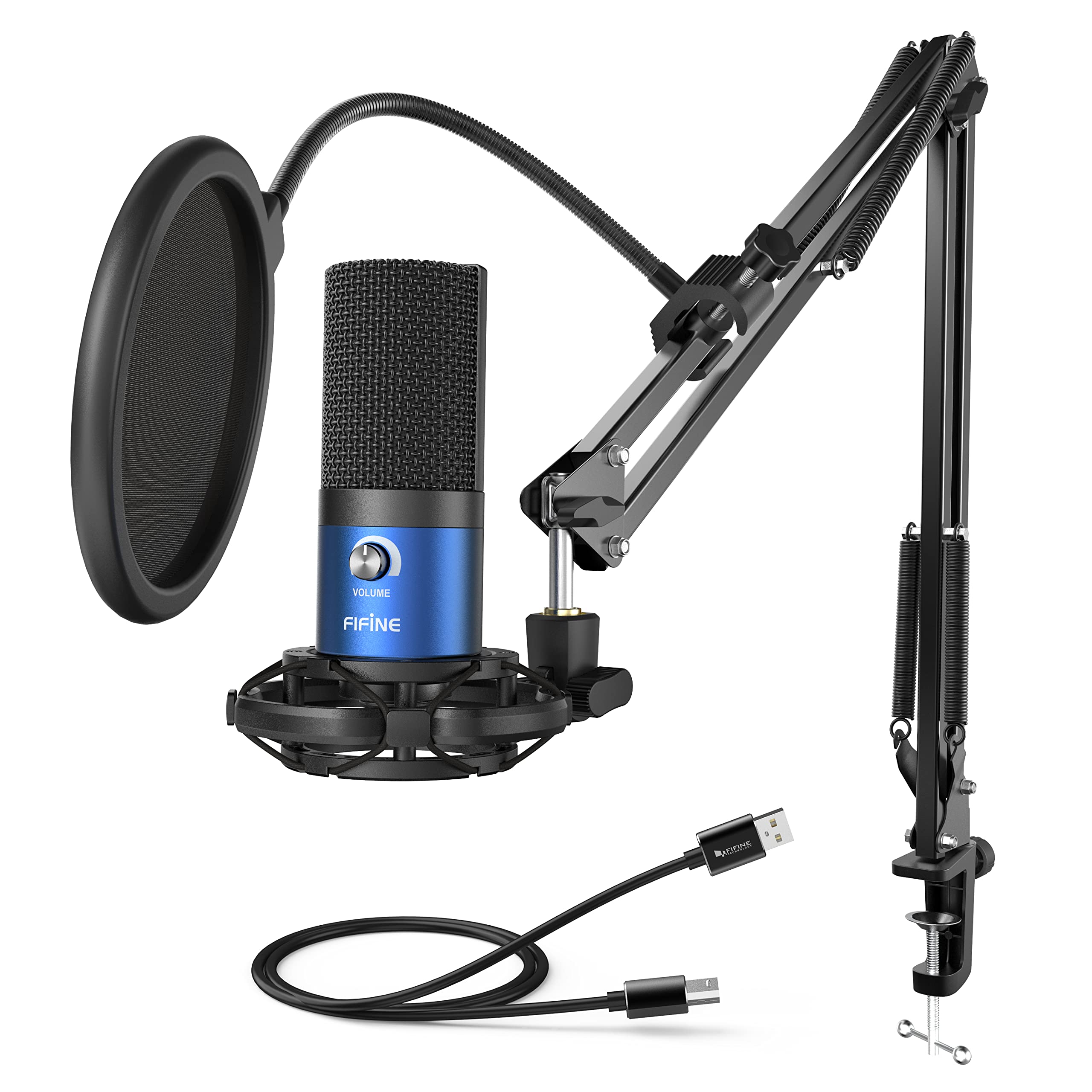 کیت میکروفون ضبط USB FIFINE، میکروفون کاندنسر کارتیوئید برای کامپیوترهای مک، ویندوز، پلی‌استیشن ۴/۵، برای استریمینگ، پادکست سازی، بازی، ویدیو، استفاده خانگی، دارای دسته گین و استند بازو-مدلT669 آبی