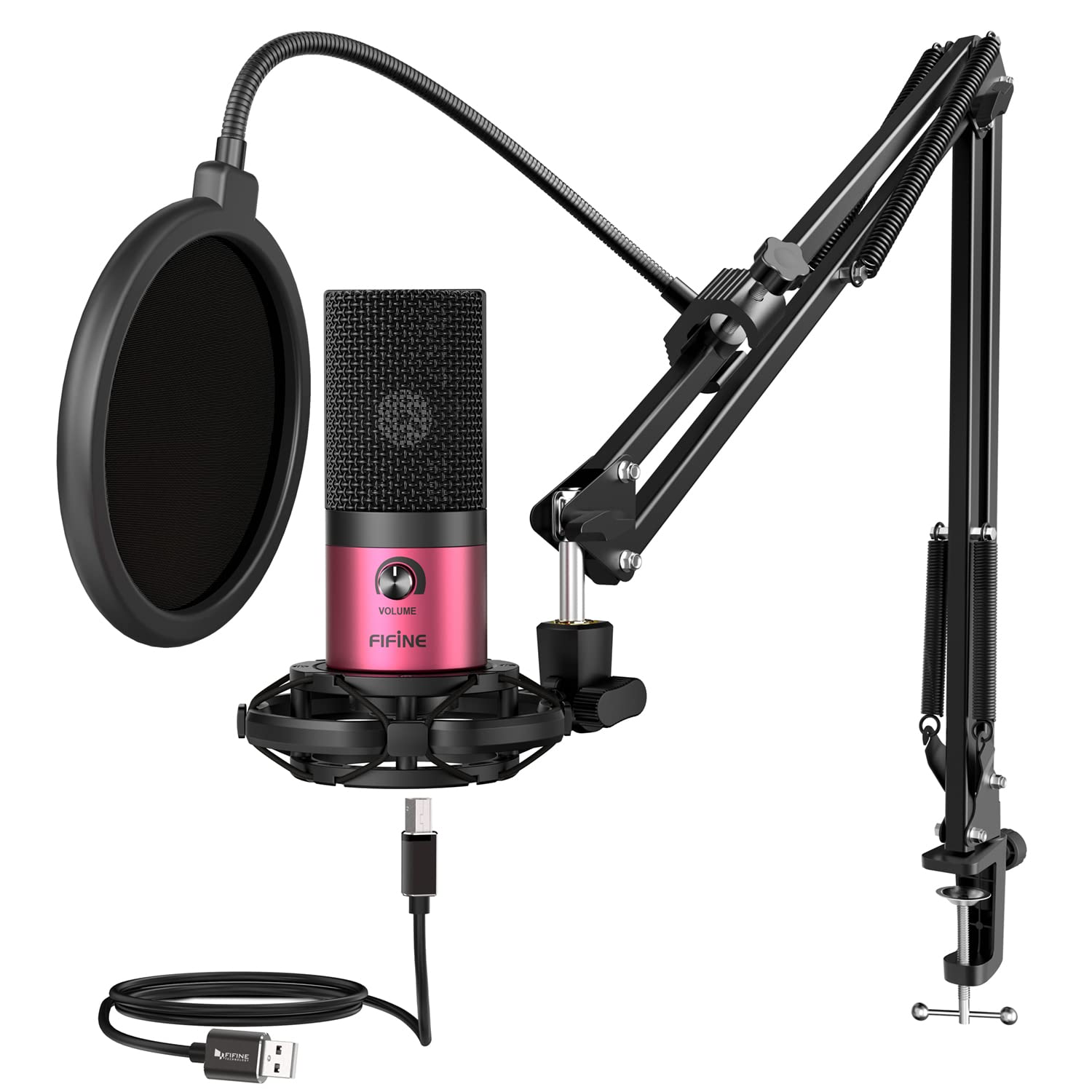کیت میکروفون پادکست FIFINE - میکروفون ضبط USB برای کامپیوتر PC، مجموعه میکروفون Condenser برای استریمینگ، بازی، دوبله صدا، جلسه، با پایه بازو، نگهدارنده شوک، فیلتر پاپ - T669 رز قرمز