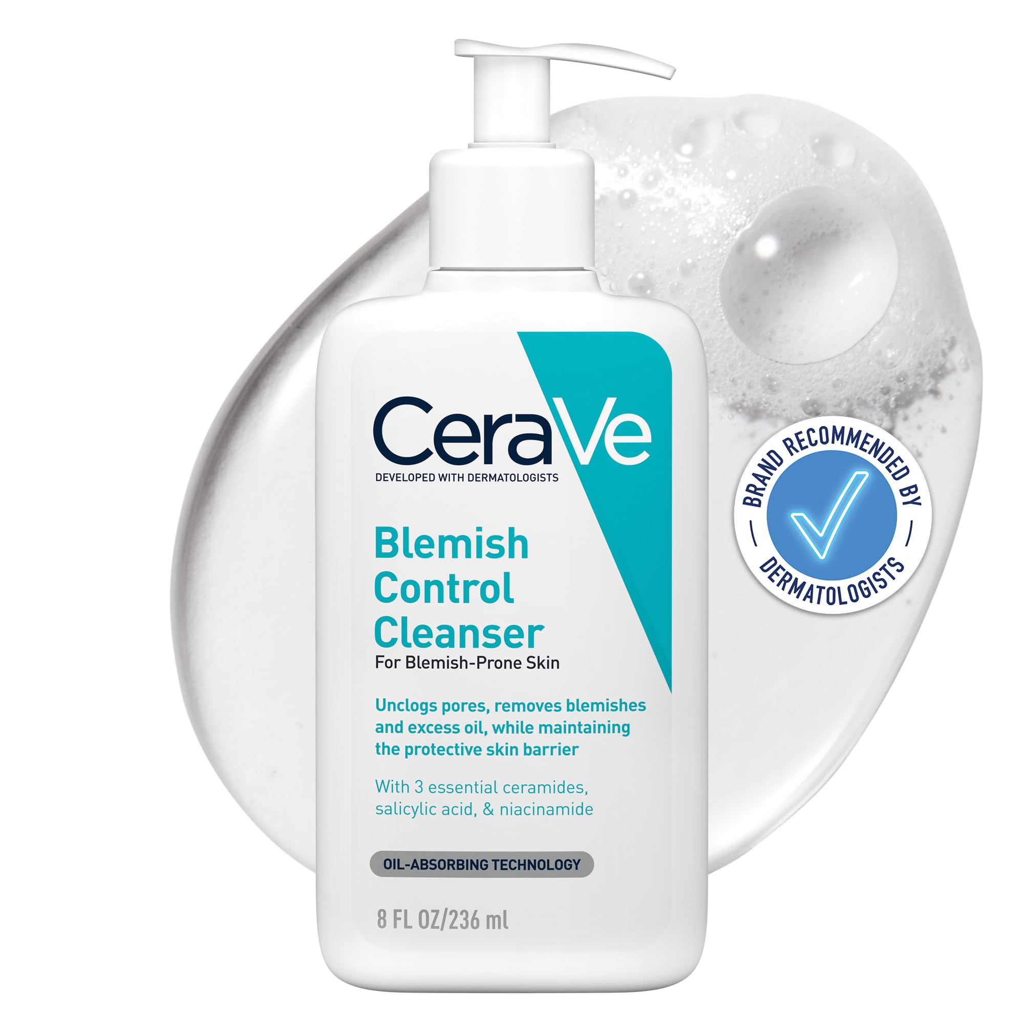 شستشوی صورت CeraVe Blemish Control Cleanser برای پوست آکنه و جوش دار با اسید سالیسیلیک 2٪، نیاسینامید و سرمیدها 236 میلی‌لیتر