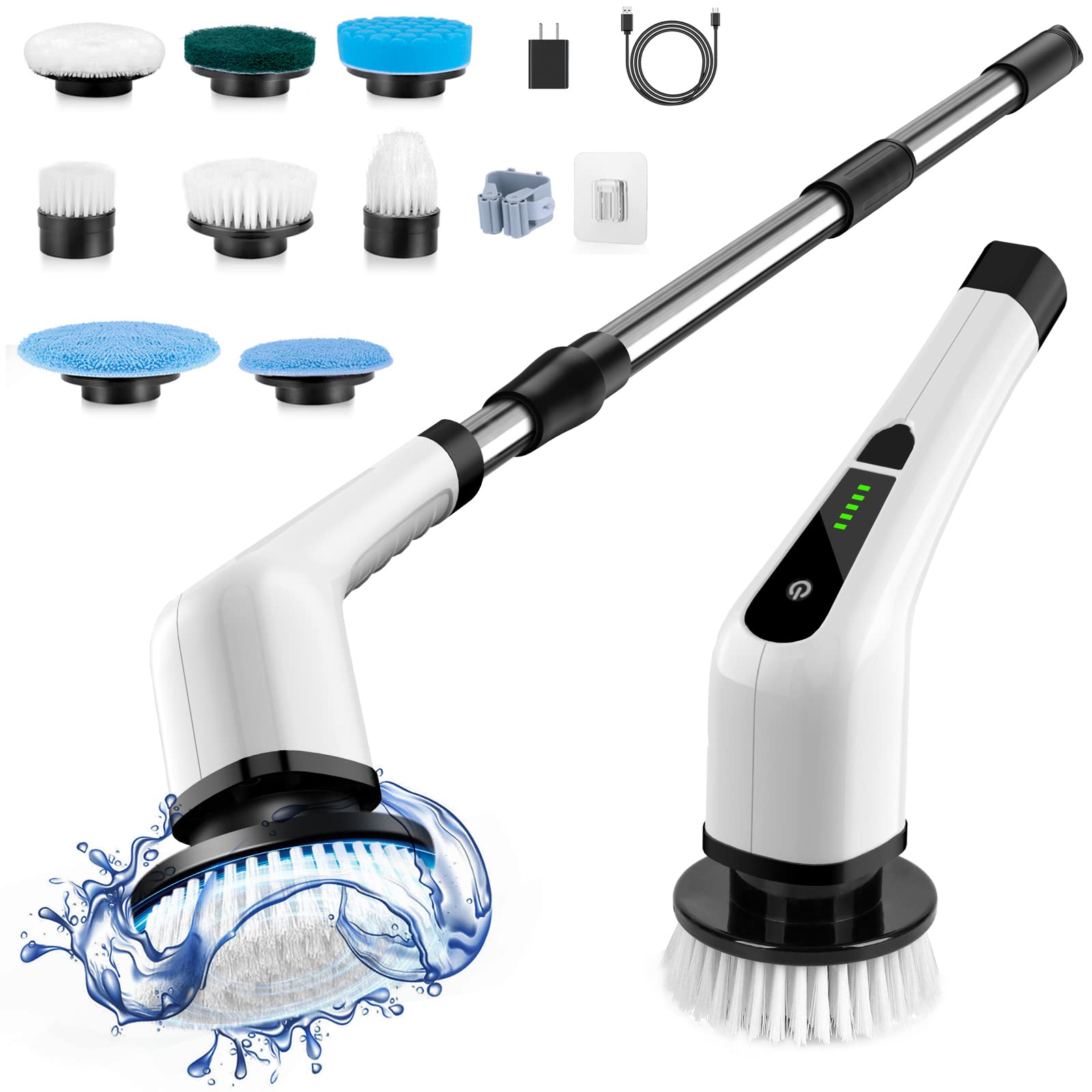 بومیوز Cordless الکتریکی اسپین Scruبر,  برس تمیزکن الکتریکی با 8 سر مسواک جایگزین,  زمان کاری 90 دقیقه, 3 دسته قابل تنظیم, 2 سرعت قابل تنظیم برای حمام, آشپزخانه, وان حمام, شیشه, اتومبیل و اسکرابر بزرگ