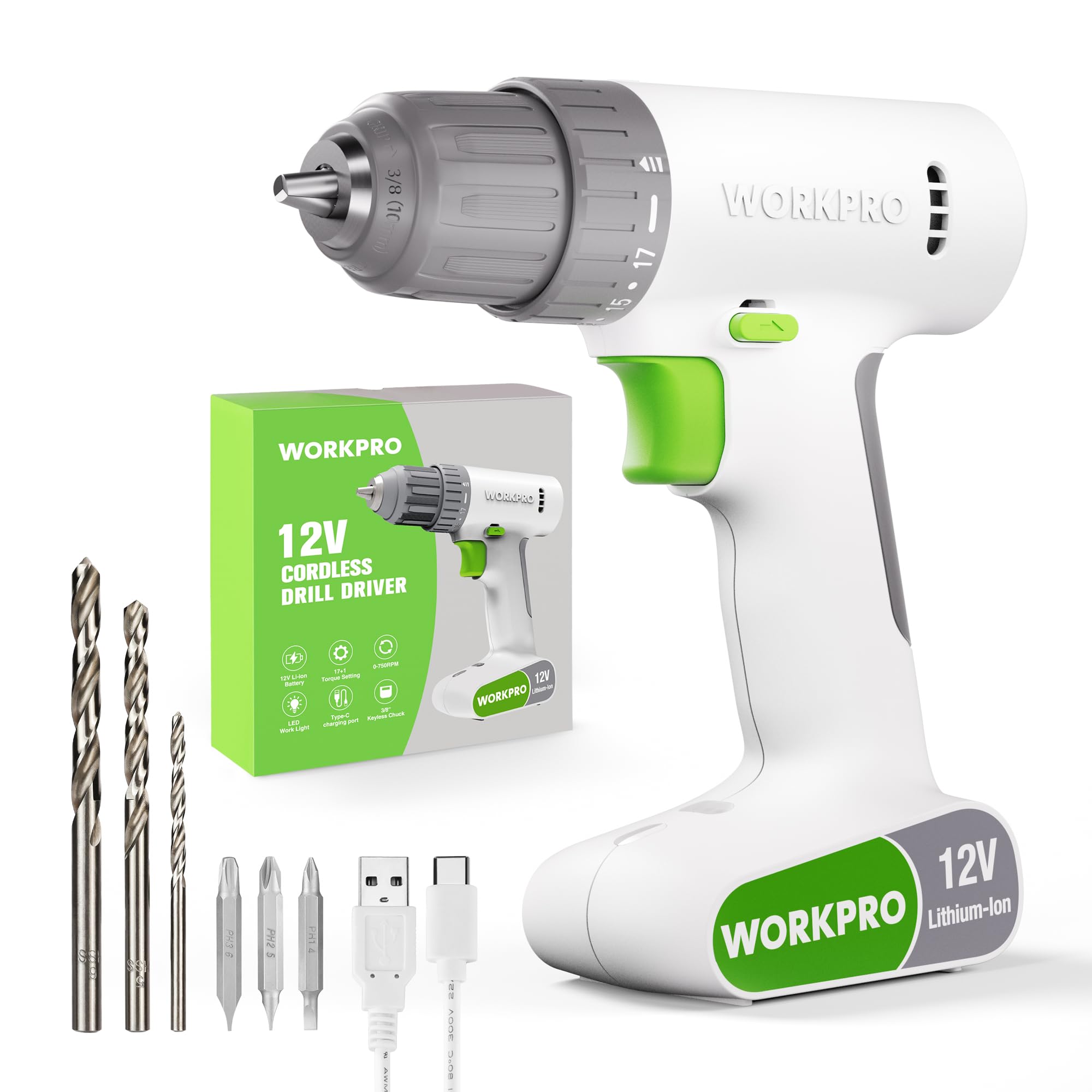 دریل باتری بی‌سیم WORKPRO 12 ولت با ظرفیت 1500 میلی آمپر ساعت، سه‌هشتم اینچ چاک بدون کلید دریل الکتریکی پیچ‌گوشتی، 17+1 گشتاور، دریل برق سفید برای سوراخکاری و فیکس کردن/آزاد کردن پیچ‌ها