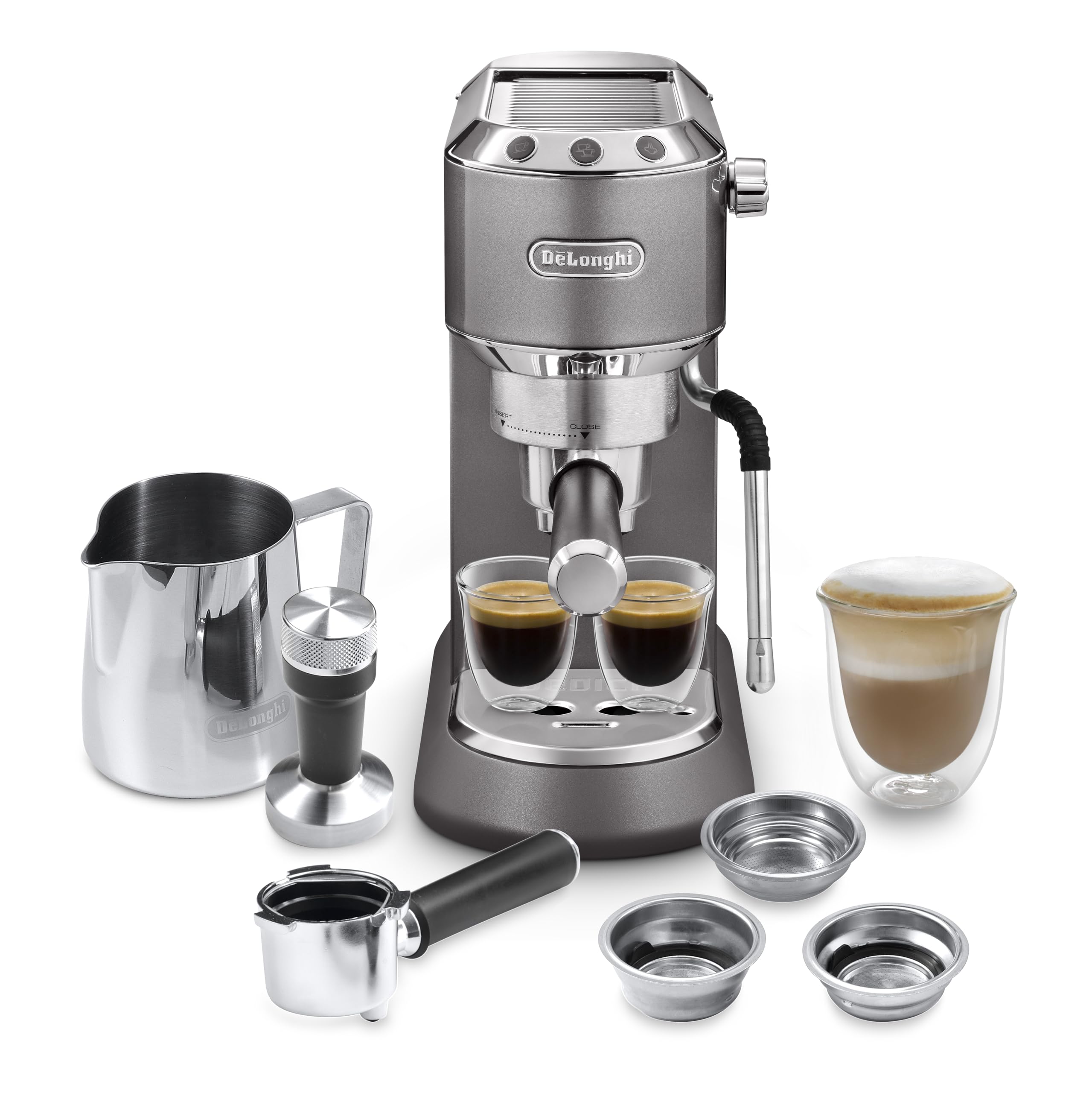 ماشین اسپرسو De'Longhi Dedica Arte -NOZZLE لاته من MyLatteArt، Precision Steam Wand، Steel Tamper Included، خاکستری - اسپرسو، کاپوچینو و هنر لاته را در خانه ایجاد کنید - EC885.GY NEW - Dedica با کیت باریستا