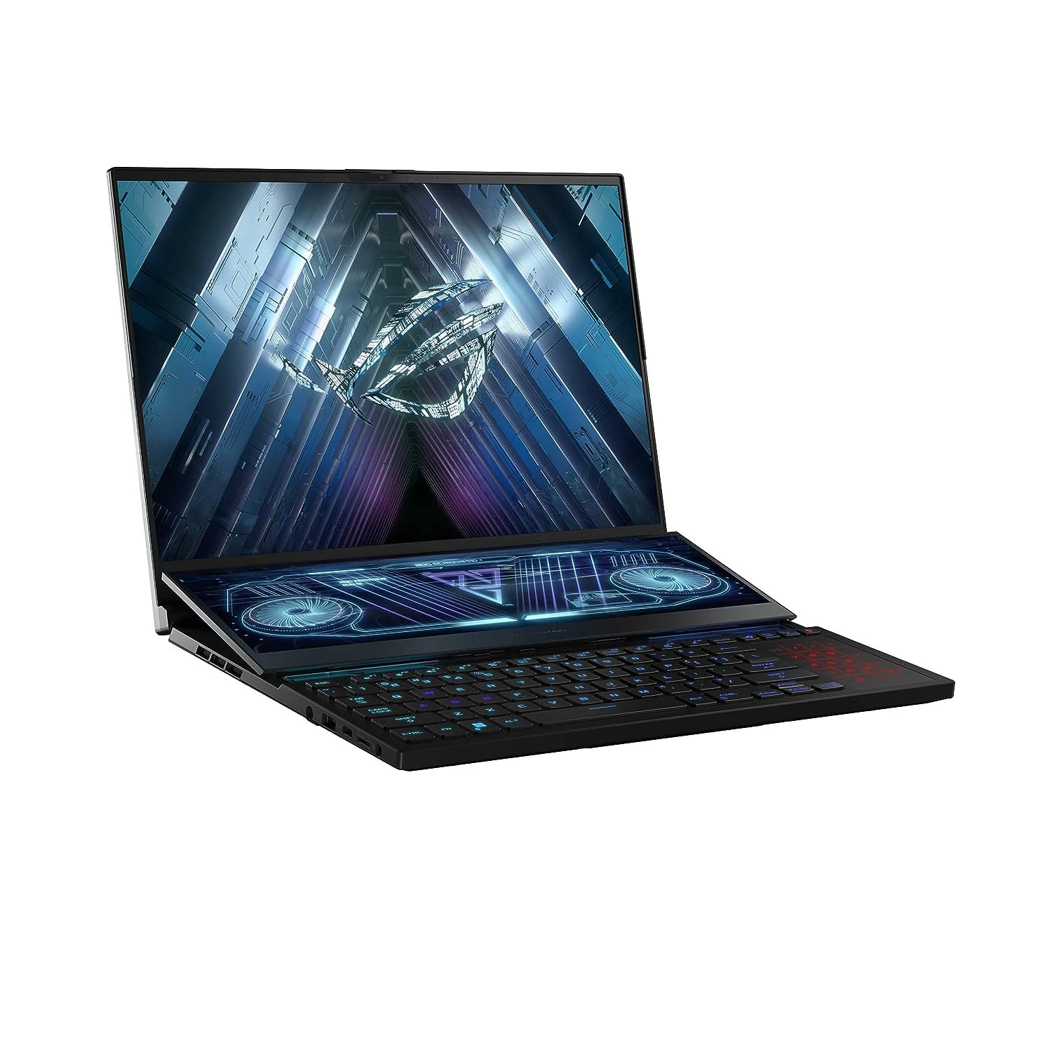 لپ تاپ بازی سیاه ASUS ROG Zephyrus Duo 16 GX650RX LO192W، با پردازنده R9 6900HX، 32 گیگابایت حافظه RAM، 2 ترابایت حافظه SSD، کارت گرافیک NV RTX3080 Ti، ویندوز 11 HOME، صفحه نمایش 16 اینچی QHD+ با رزولوشن 2560 در 1600 و وضوح WQXGA 165 هرتز، صفحه کلید دارای نور پس زمینه RGB با قابلیت تغییر رنگ به زبان انگلیسی و عربی قابل تغییر، پردازنده AMD Ryzen 9 - 6900HX، 32 گیگابایت حافظه RAM، 2 ترابایت حافظه SSD، کارت گرافیک RTX 3080 Ti رنگ سیاه است.