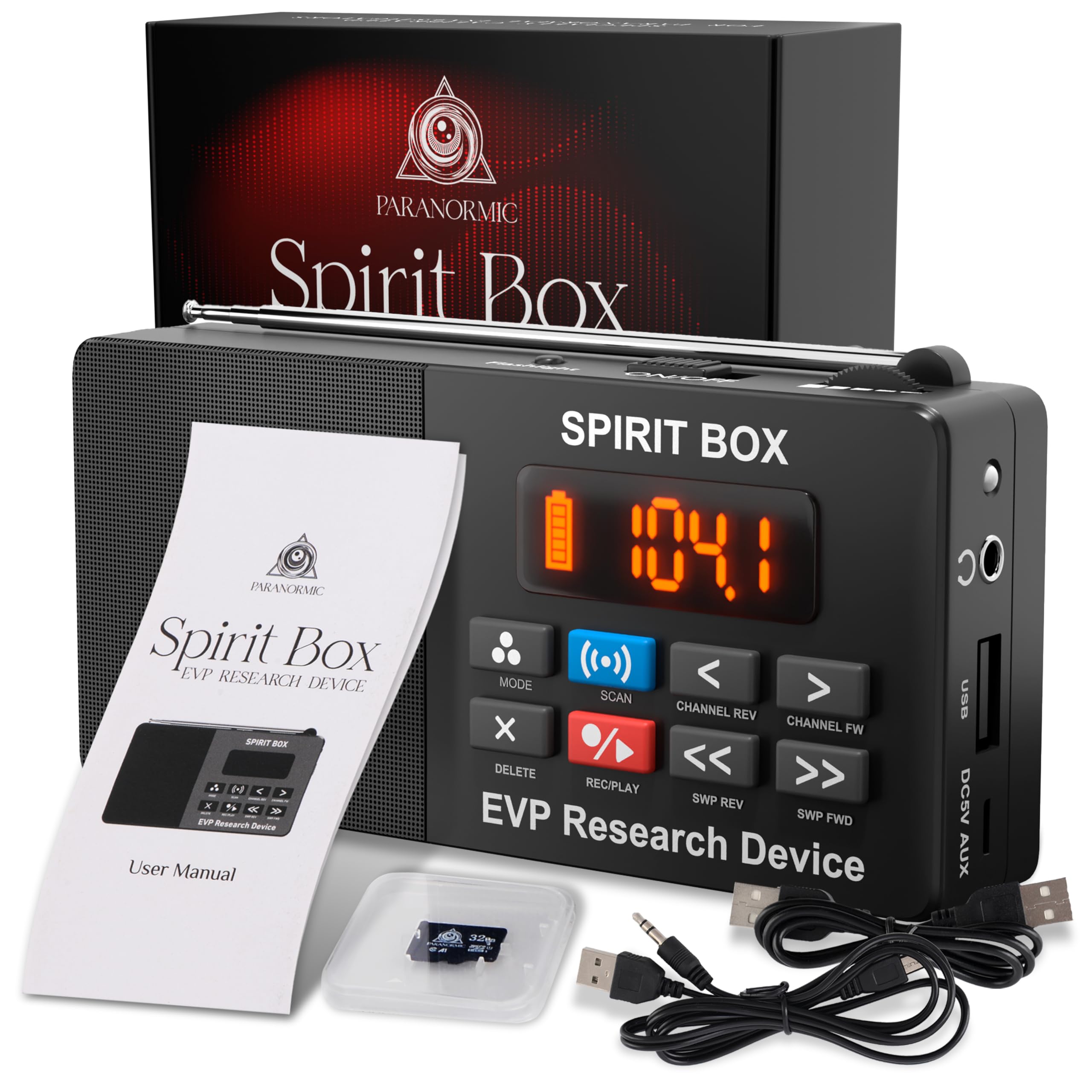 تجهیزات شکار روح پارانورمیک Spirit Box - کیت تجهیزات شکار روح EVP قابل حمل با 32 گیگابایت میکرو اس‌دی و چراغ قوه یکپارچه - تجهیزات پارانورمال گوست باکس برای اسکن و ضبط ارواح