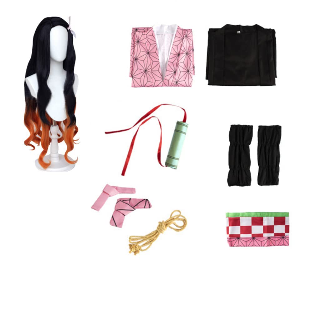 Nezuko Cosplay Costume Kimono for Adult Girls Robe Japanese Anime Costume Halloween Kimono Outfit With Bamboo Props Wig L Black2