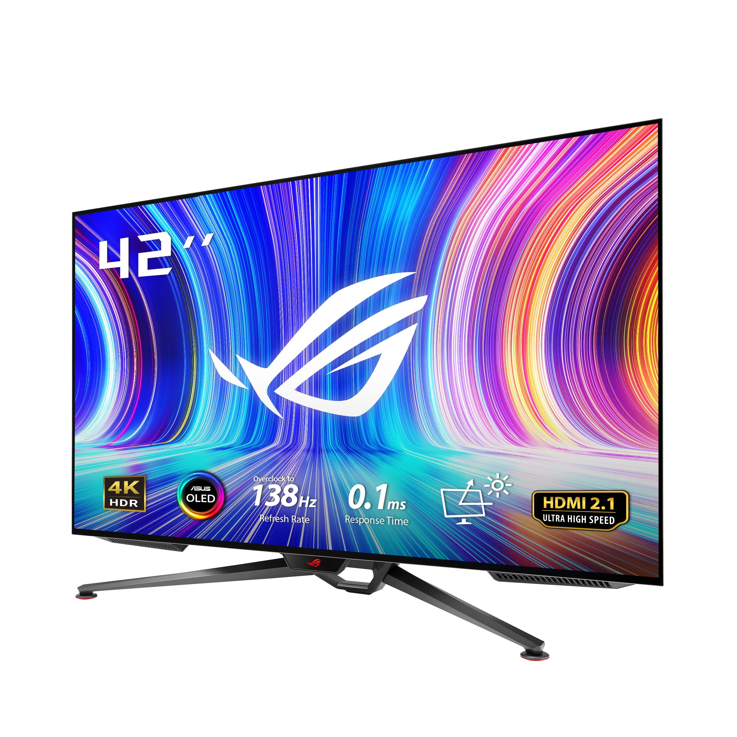 مانیتور بازی ASUS ROG Swift OLED PG42UQ - یک مانیتور گیمینگ 41.5 اینچی 4K با تکنولوژی OLED، فرکوئنس تازه‌سازی 138Hz (OC)، زمان پاسخ‌دهی صفر (GTG) 0.1 میلی ثانیه، سازگار با G-SYNC®، ضدتابش نور، هیت‌سینک سفارشی، روشنایی یکنوای بدون تغییر، پوشش رنگی 98% DCI-P3، پورت HDMI® 2.1 و DisplayPort™ 1.4. 42 اینچ 4K OLED 138Hz.