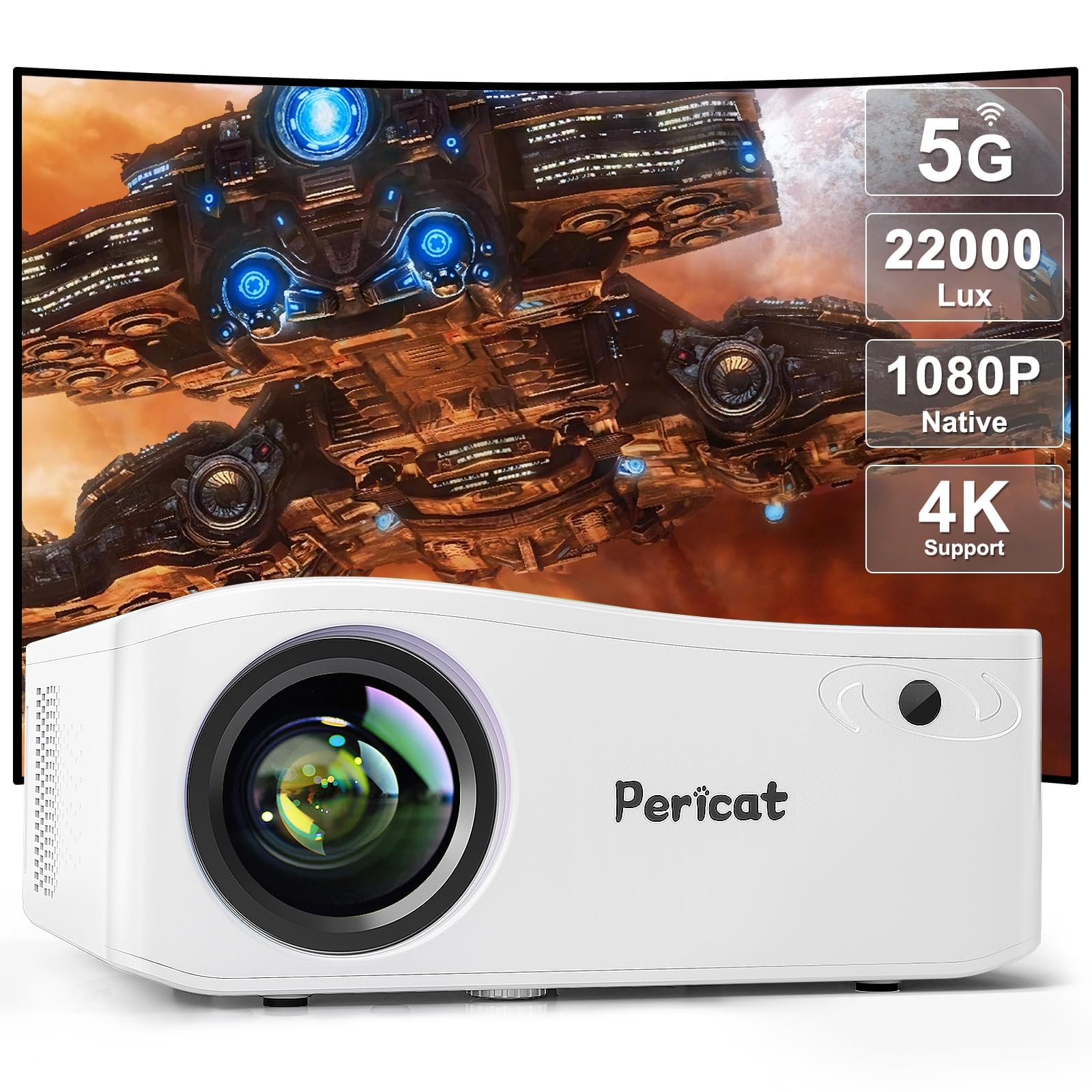 پروژکتور Pericat 5G WiFi Bluetooth، پروژکتور فیلم خارجی Native 1080P با نمایش 350 اینچ، پروژکتور ویدئویی خانگی 22000 لومن  تئاتر منزل با پشتیبانی از 4K، پروژکتور ویدئویی LED که با فلش تلویزیون، تلفن/کامپیوتر شخصی سازگار است