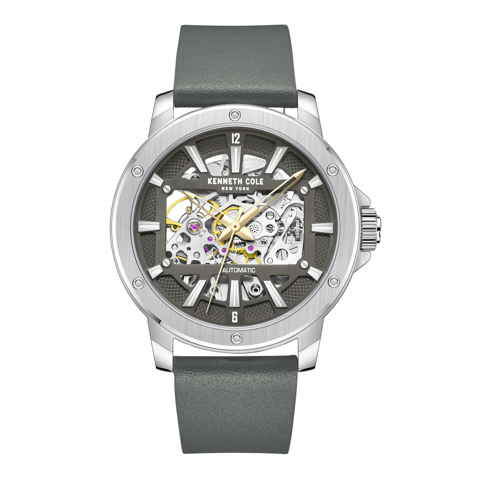 ساعت مردانه Kenneth Cole - ساعت لوکس برای مردان، ساعت فولاد ضد زنگ، خودکار خود-پیچان، ضد آب، اعداد عربی جزئی، طراحی شیک ساعت آنالوگ با شیشه‌ای اسکلتی برای مردان خاکستری