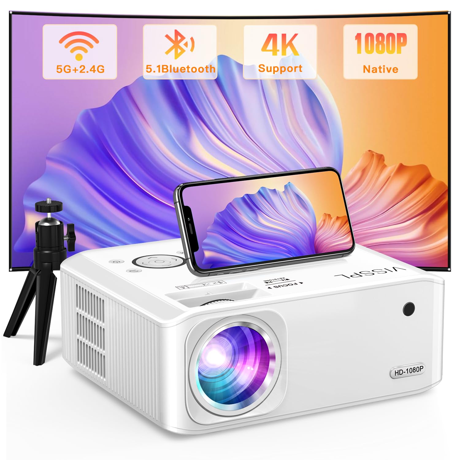 پروژکتور VISSPL 5G WiFi Bluetooth با پشتیبانی از 4K، پرژکتور Native HD 1080P 15000 لومن با صفحه 100 اینچ و ترایپاد، Keystone 6D/4P، نمایش 300 اینچ، PPT، پرژکتور فیلم خانگی برای بیرون از منزل برای اندروید / آی او اس و غیره