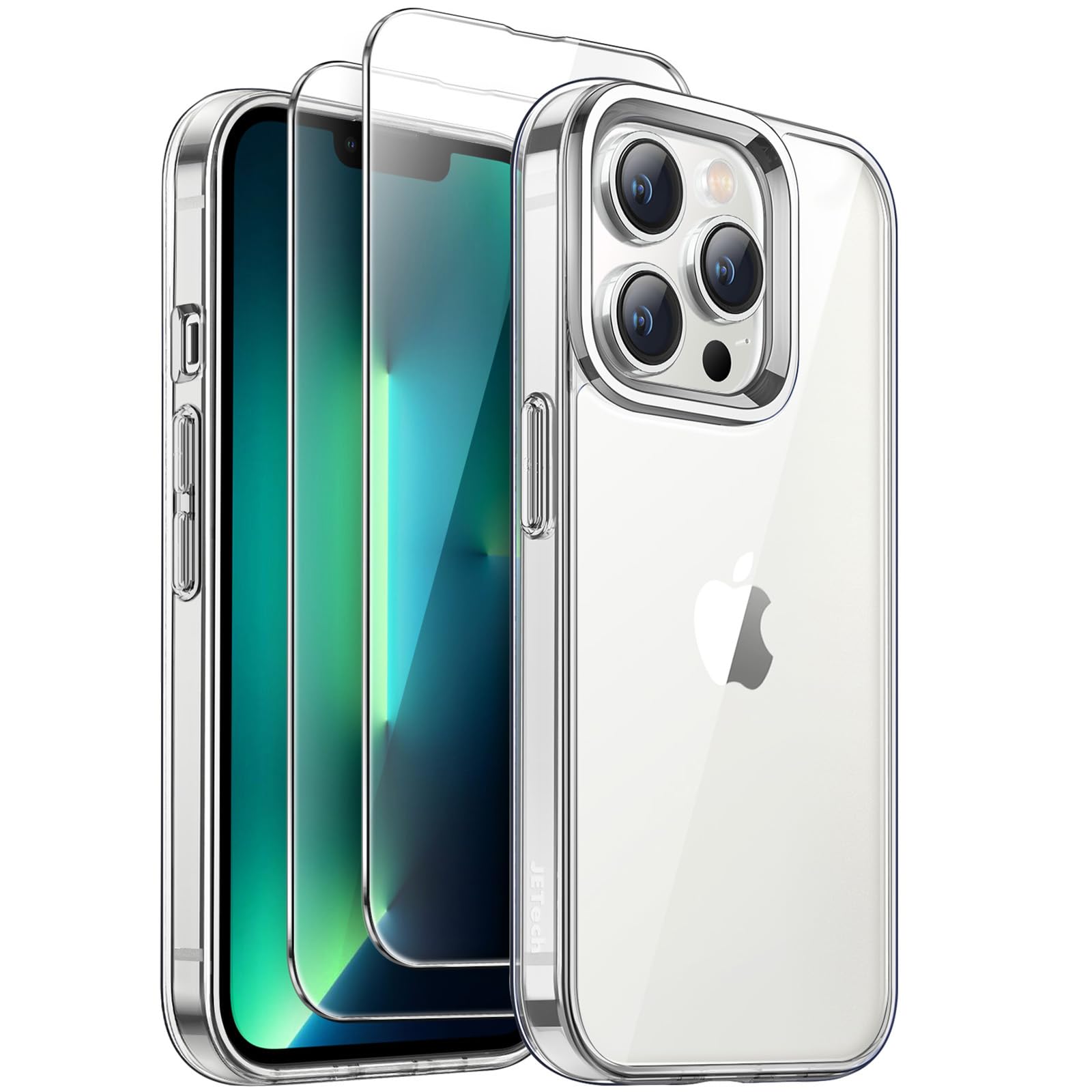 محافظ 2 در 1 JETech برای آیفون 13 Pro Max با اندازه 6.7 اینچ، همراه با 2 عدد پوشش صفحه نمایش، ضد زردی، مقاوم در برابر ضربه با ضربه گیر بدون جدا شدن، پوشش تلفن کامل شیشه سنگین (شفاف)