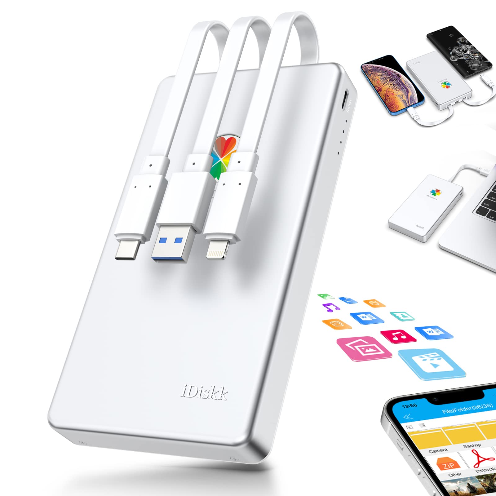 دیسک آی، یک تابع MFi با ظرفیت 1 ترابایت و 3 کابل USB 3.0/نوع سی/لایتنینگ، هارد اکسترنال برای آیفون 16/15 و آیپد/مک/موبایل‌های USB-C/کامپیوتر شخصی، هارد دیسک قابل حمل برای ذخیره‌سازی فایل‌های تصویری/ویدیویی و پشتیبان‌گیری 1 ترابایت-نقره‌ای
