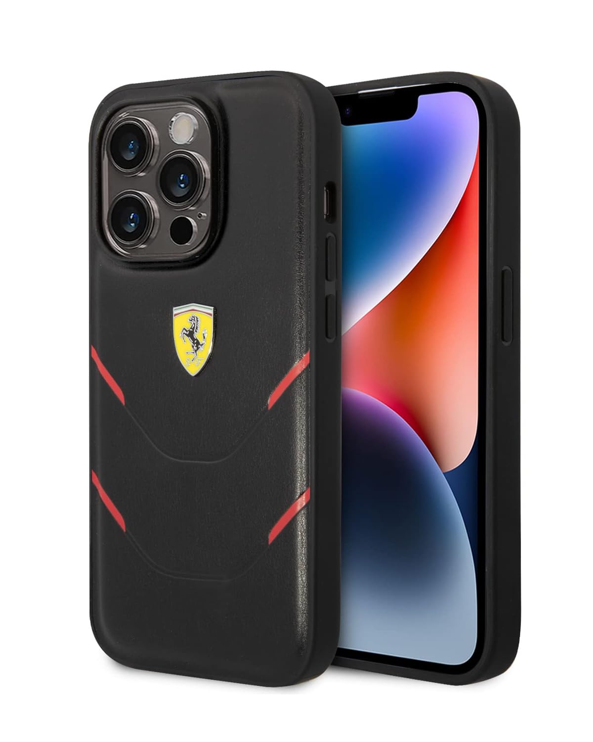 کاور CG Mobile Ferrari برای آیفون 14 پرو - کاور سخت PU هات استمپ با خطوط - محافظت ضدضربه - کاور پشتی ضدخش فول اسلیم - برای آیفون 14 پرو 6.1" - مشکی