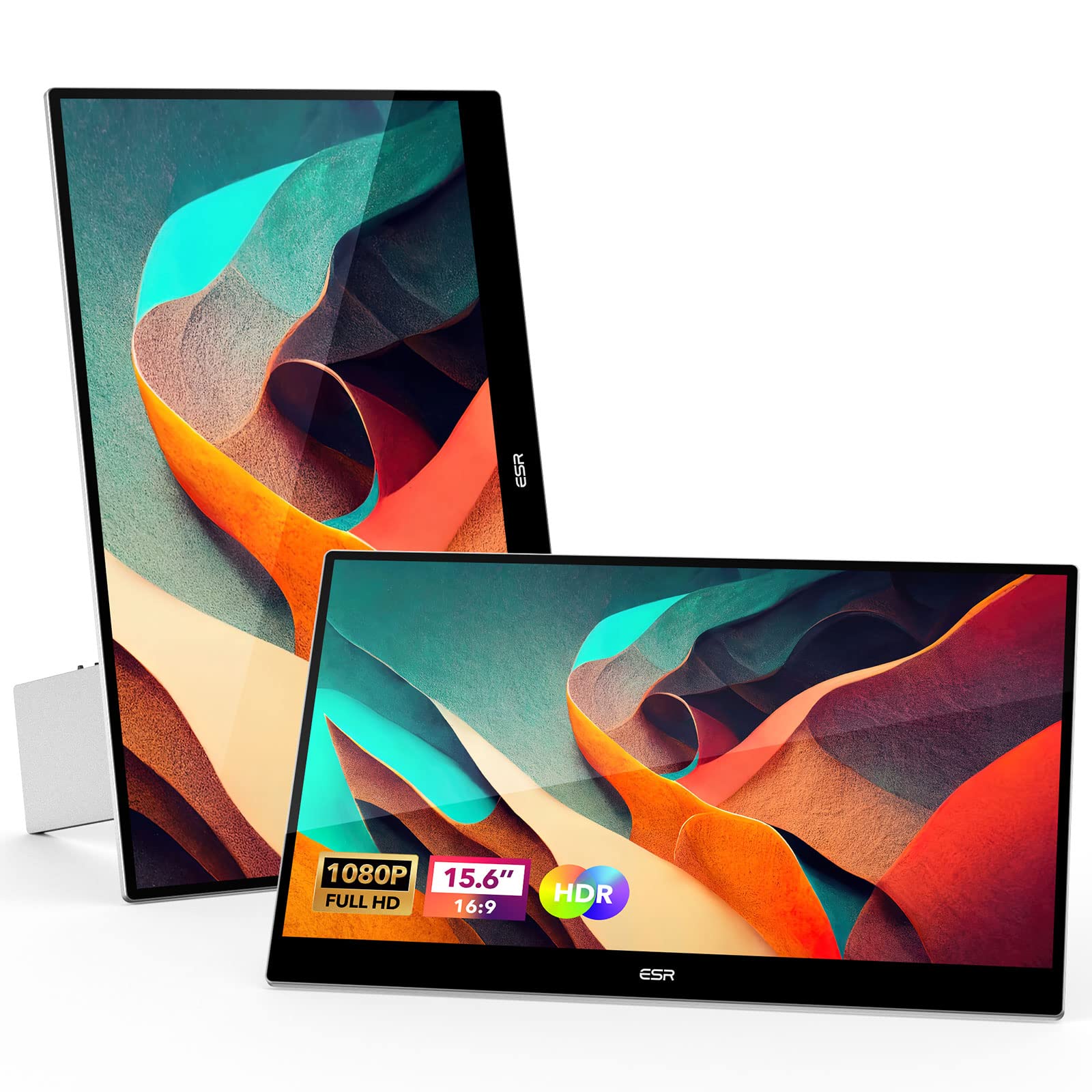 مانیتور قابل حمل ESR برای لپتاپ ها، مانیتور خارجی بسیار باریک 15.6 اینچ با کیفیت تصویر 1080P با استند قابل تنظیم، مانیتور سفر، نمای لندسکیپ و پورتریت برای لپتاپ/مک/تبلت/تلفن/سوئیچ، رنگ نقره ای