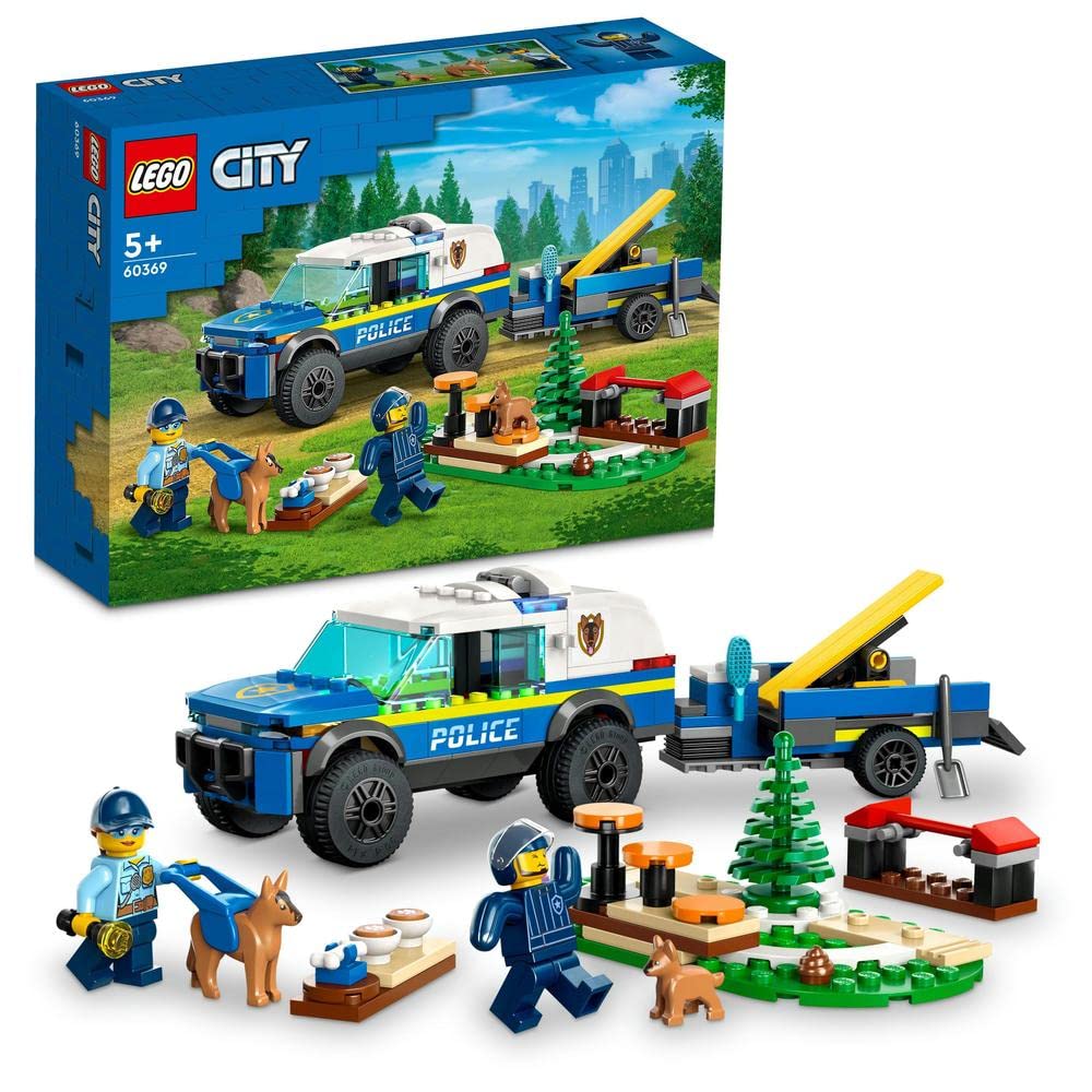 مجموعه آموزش سگ های پلیس سیتی موبایل LEGO 60369، ماشین اس یو وی با تریلر، مسیر موانع و اشکال سگهای کوچک، مجموعه بازی حیوانات برای پسران و دختران بالای 5 سال تک نفری