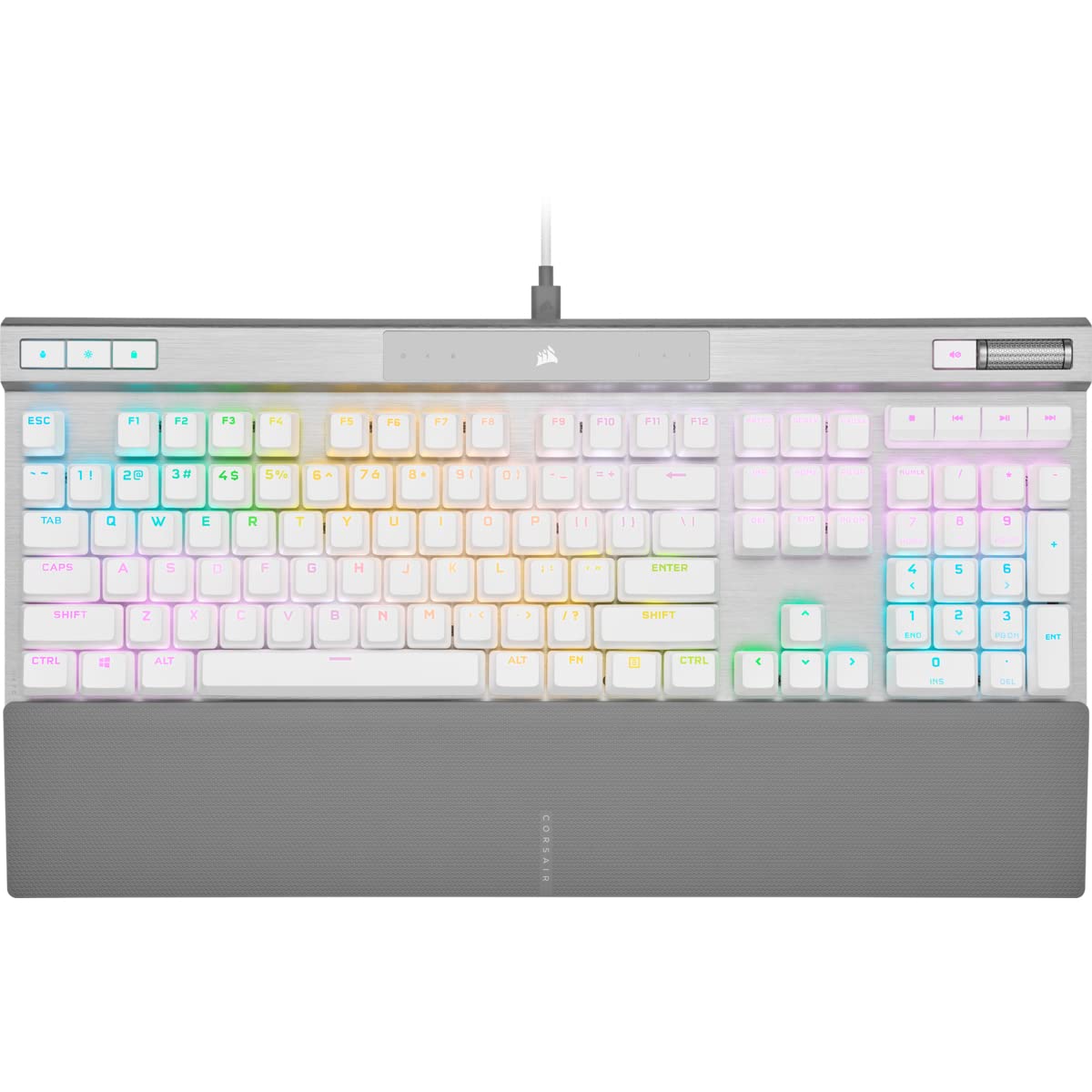 کیبورد Corsair K70 PRO RGB با سوییچ‌های اپتیکال-مکانیکال OPX، کی‌کپ‌های دابل-شات از جنس PBT، هایپر-پلینگ 8,000 هرتز، نرخ نمونه‌برداری بسیار بالا، و ریست دسته نرم لمسی مغناطیسی - طرح شمال آمریکا، QWERTY - سفید کیبورد اپتیکال OPX (خطی و سریع) سفید