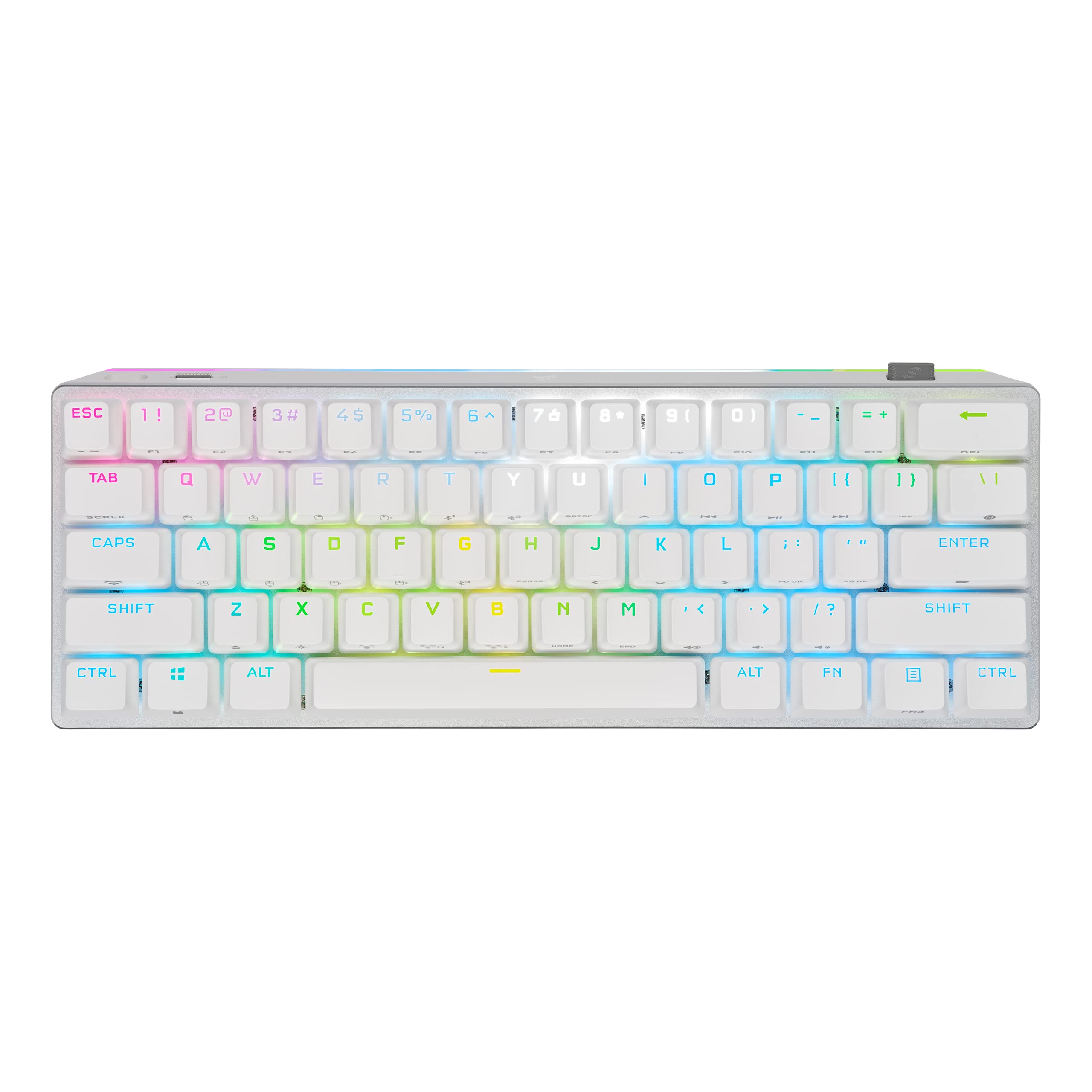 کیبورد بازی مکانیکی بی‌سیم Corsair K70 PRO Mini RGB 60% - بیشترین سرعت بی‌سیم کمتر از 1 میلی‌ثانیه، کلیدهای قابل تعویض Cherry MX Red، قاب آلومینیوم، کی‌کپ‌های دوبل-شات PBT، طرح دکمه‌ها شمال آمریکا، QWERTY - رنگ سفید
