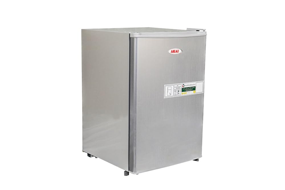 یخچال کوچک تک درب Akai 90L با جعبه یخچال، 2 قفسه، قفسه‌های نگهدارنده‌ی بطری، کندانسور داخلی، یخچال کوچک مناسب برای آشپزخانه، اتاق خواب، دفتر 47Dx45Wx67.6H سانتی‌متر نقره‌ای RFMA-K90DS6