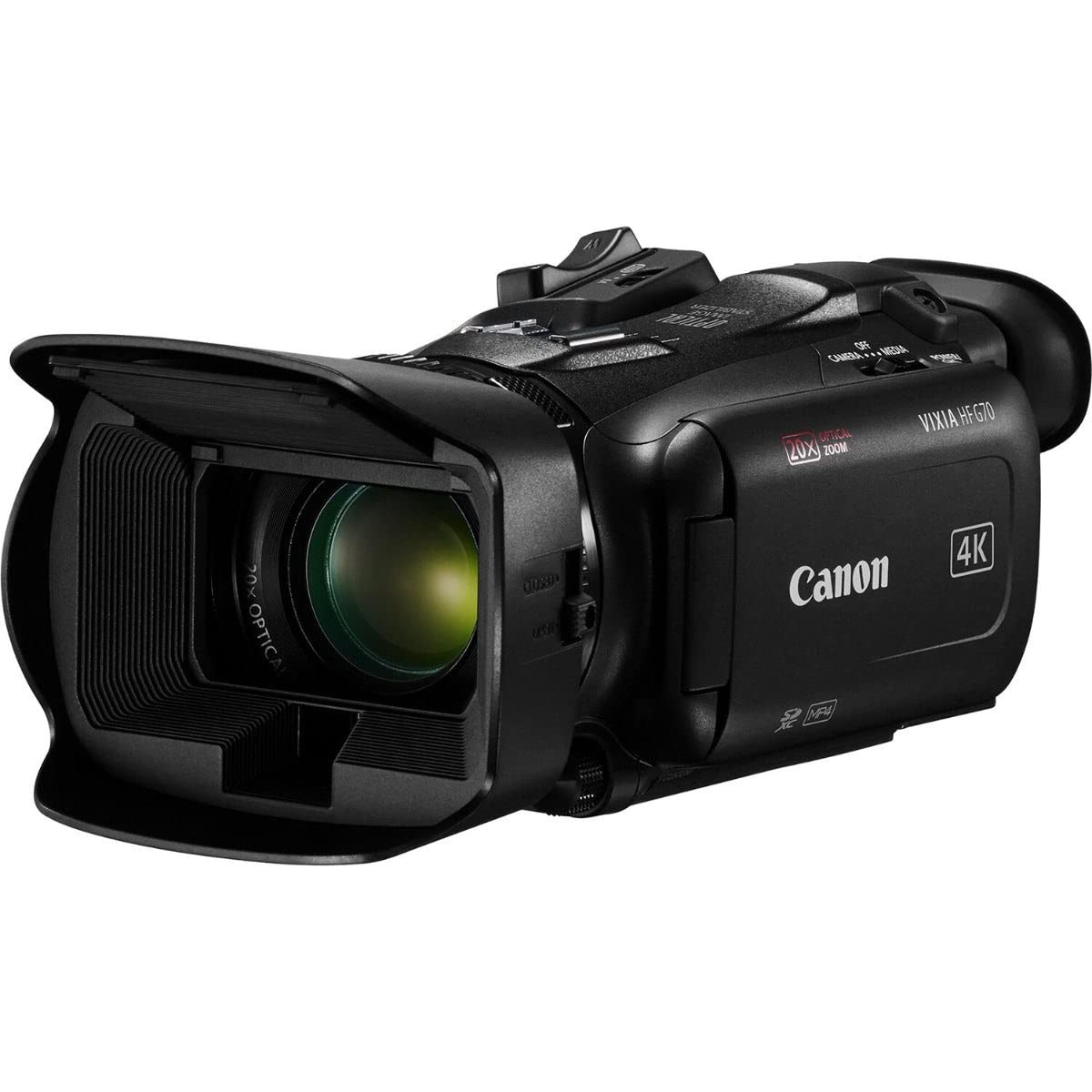 دوربین فیلم‌برداری Canon VIXIA HF G70 دارای سنسور ۴K UHD CMOS ۱/۲.۳ اینچ، زوم اپتیکال ۲۰ برابر، زوم دیجیتال ۸۰۰ برابر، استابیلایزر تصویر، خروجی HDMI، پورت USB برای استریم زنده، نمایش زمان ضبط شده بر روی صفحه نمایش