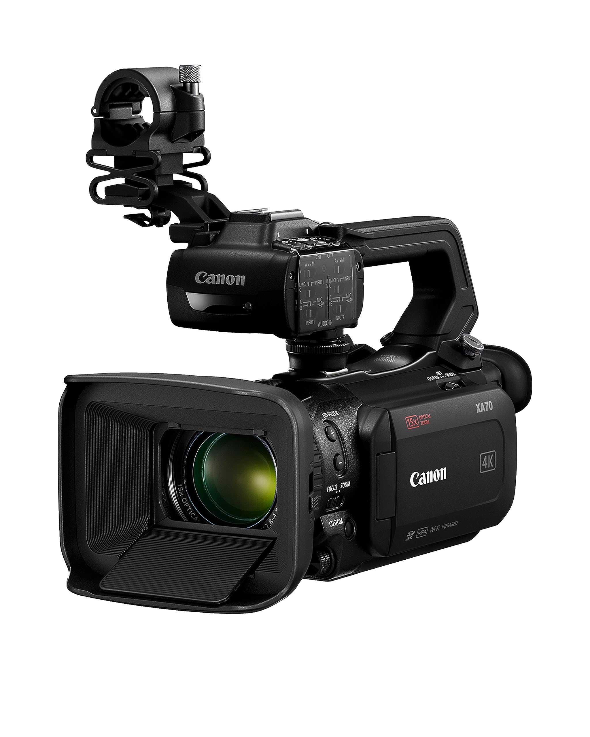 دوربین حرفه‌ای Canon XA70 با حسگر ۱ اینچی CMOS ۴K UHD، فوکوس خودکار Dual-Pixel CMOS، زوم اپتیکال ۱۵ برابر، زوم دیجیتال ۶۰۰ برابر، استابیلایزر تصویر، خروجی HDMI و USB برای استریم زنده، ثبت زمان بر روی صفحه نمایش، ورودی‌های XLR