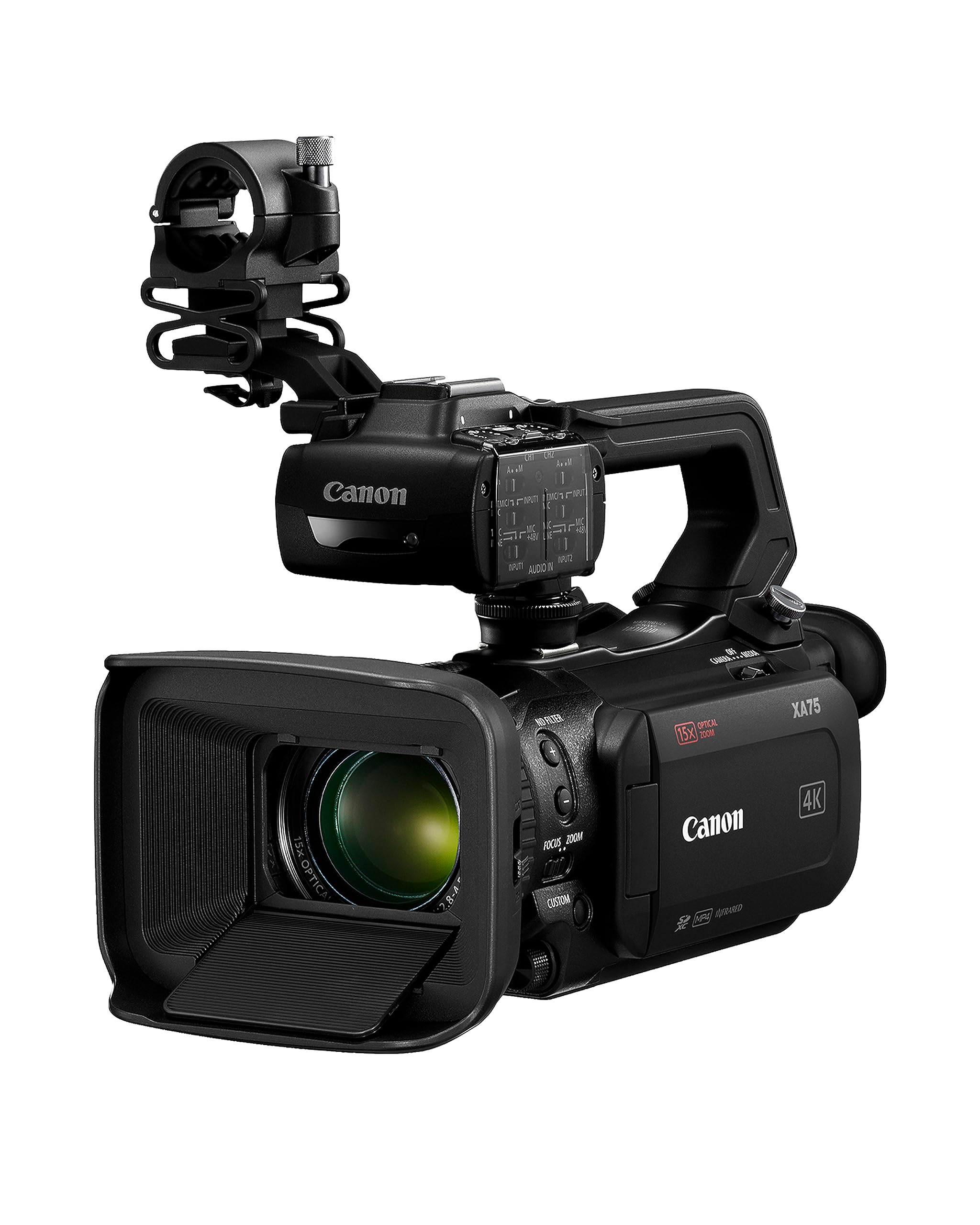 دوربین حرفه‌ای Canon XA75، فیلمبرداری 4K UHD برای عکسبرداری، ضبط و استریم، لنز با زوم اپتیکال 15 برابر، پورت SDI 3G و XLR، رنگ مشکی