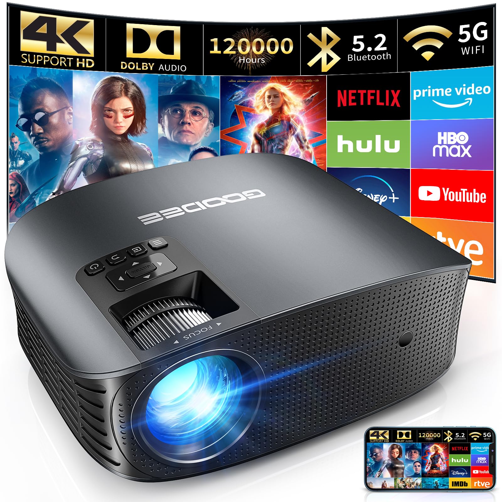 پروژکتور GooDee 4K با پشتیبانی از وای‌فای و بلوتوث، پروژکتور مینی FHD 1080P برای فیلم‌های خارجی، پروژکتور ویدیو 5G برای تئاتر خانگی صدای دولبی زوم پرتابل تلویزیونی PPT (YG600 Plus)