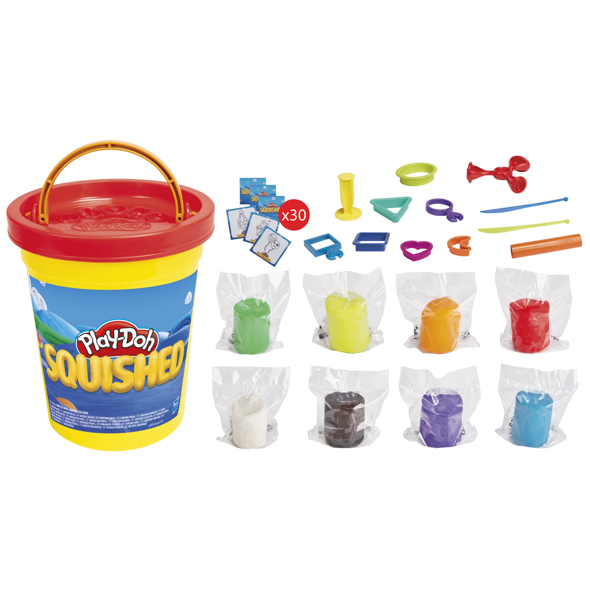 مجموعه چالش خلاقانه Play-Doh Squished با 4 فعالیت برای کودکان 5 سال و بالاتر، 30 کارت چالش، بانک بزرگ با 8 رنگ مدلینگ کامپاند آبی، سبز، بنفش، زرد، نارنجی، قهوه ای، سفید و قرمز