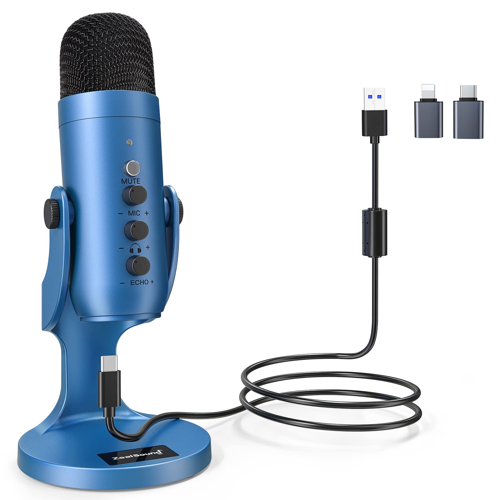 میکروفون کاندنسر Zealsound با آداپتور برای تلفن همراه، کامپیوتر شخصی، لپ تاپ، پلی‌استیشن 4 و پلی‌استیشن 5 - اکو/بی‌صدا برای ضبط، ASMR، استریمینگ، پادکست، بازی - پلاگ و پلی کردن روشن‌آبی