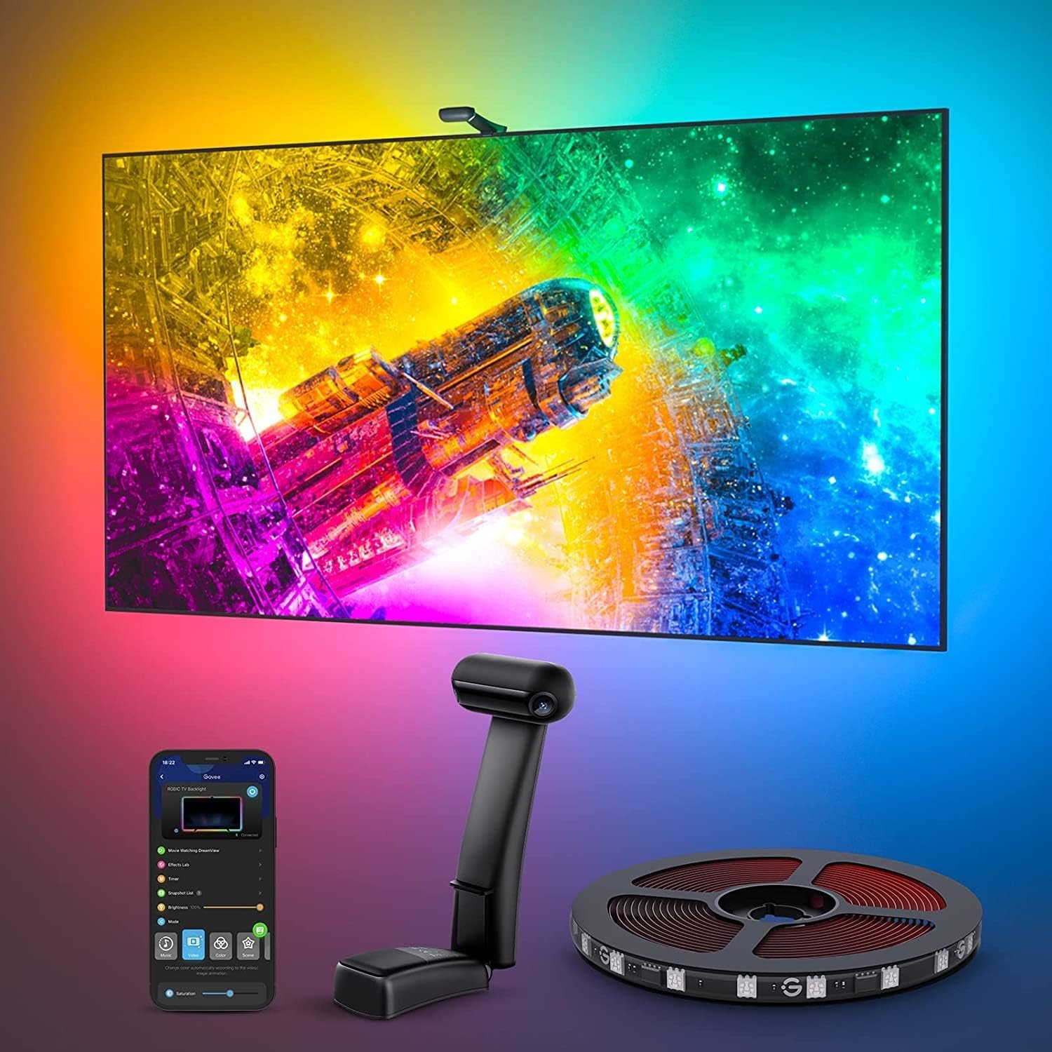 نور پس‌زمینه تلویزیون LED Govee Envisual T2 با دو دوربین، نور محیطی RGBIC Wi-Fi 11.8 فوت برای تلویزیون‌های 55-65 اینچ، دو نوار نوری، مناسب برای تلویزیون‌های فوق‌العاده نازک، کنترل هوشمند از طریق اپلیکیشن، همگام‌سازی با موزیک، H605C 11.8 فوت برای 55''-65''