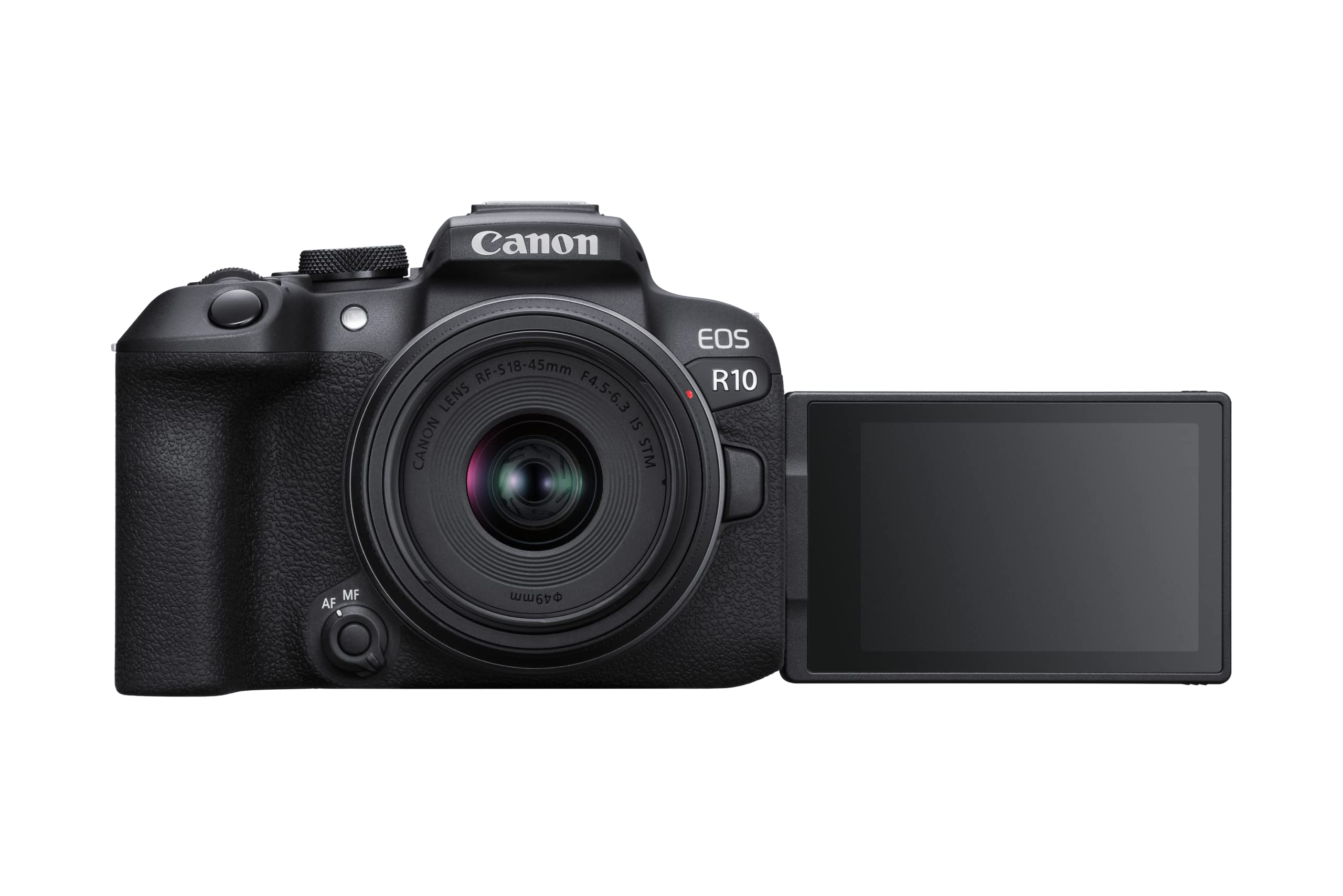 دوربین بدون آینه Canon EOS R10 با لنز RF-S 18-45 میلی‌متر F4.5-6.3 STM (دوربین هیبرید، ارتقاء از DSLR، 15 فریم در ثانیه، فیلم‌های 4K، سیستم فوکوس Dual Pixel CMOS AF II، وای‌فای)، رنگ مشکی EOS R10 + لنز RF-S 18-45 میلی‌متر