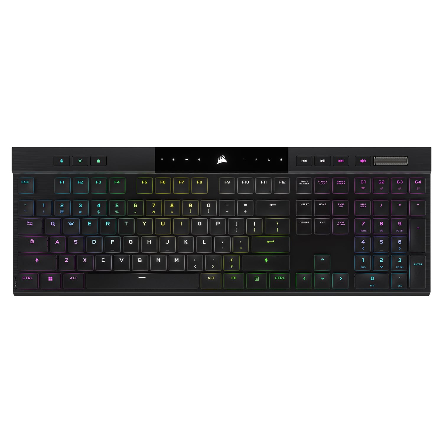 کیبورد بازی مکانیکی بی‌سیم Corsair K100 AIR RGB - بسیار نازک، فناوری Sub-1ms Slipstream، بلوتوث با تأخیر کم، کلیدهای Cherry MX Ultra Low Profile - طرح NA، قرارگیری QWERTY - رنگ مشکی، با سوئیچ‌های فوق‌العاده نازک CHERRY MX Ultra Low Profile