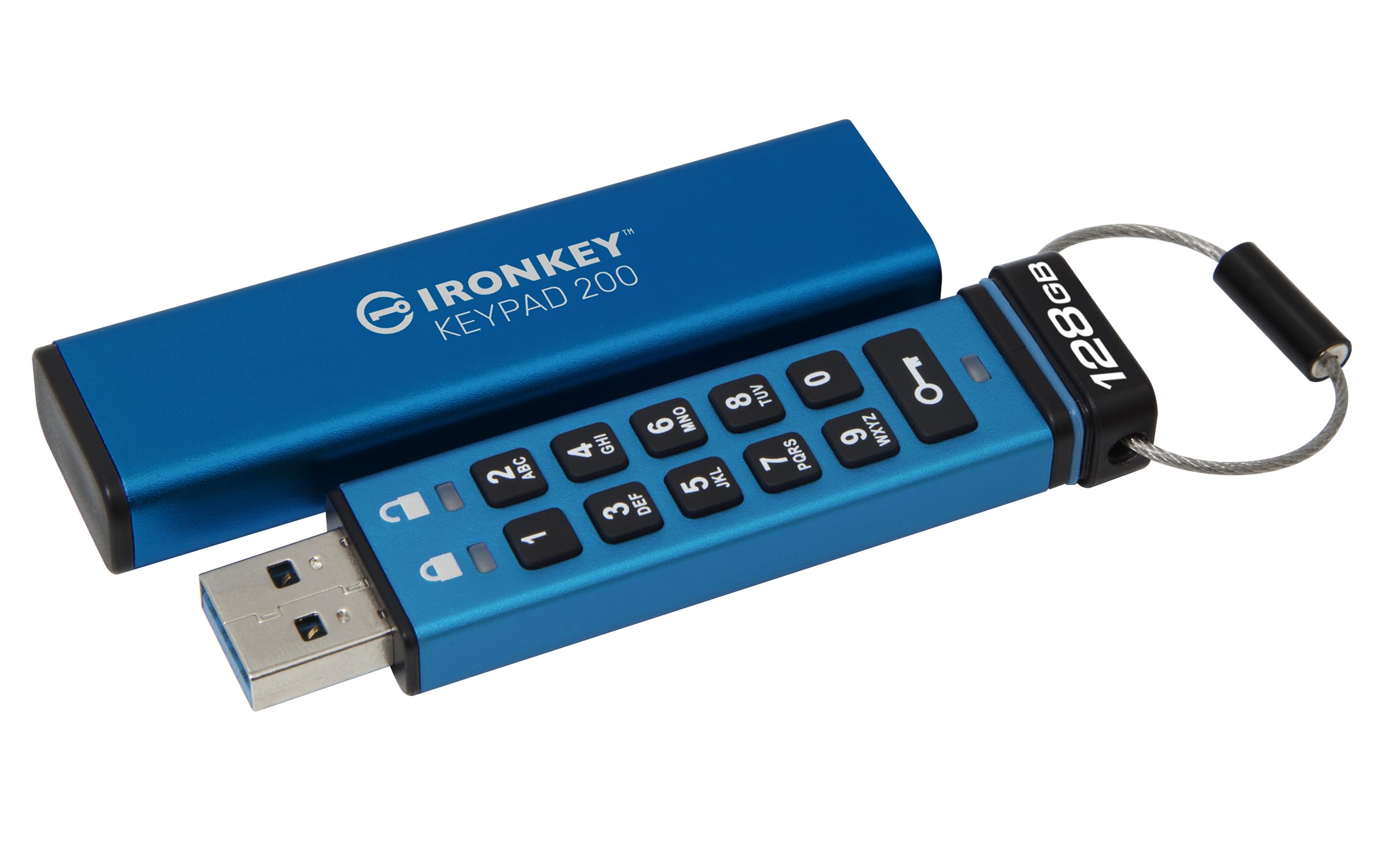 Kingston Ironkey Keypad 200 128GB یواس‌بی رمزنگاری شده | صفحه کلید الفبایی | دسترسی چند‌پین | XTS-AES 256 بیت | گواهی FIPS 140-3 سطح 3 | محافظت در برابر نیروی تخمین زن و BadUSB | IKKP200/128GB، آبی