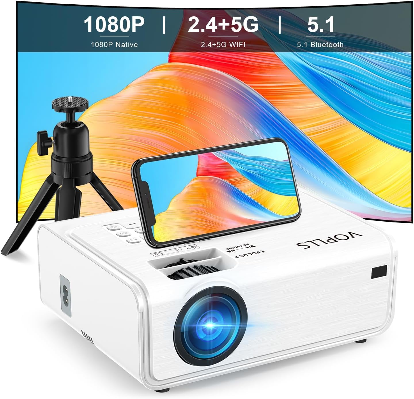 ویدیوپروژکتور VOPLLS با وای فای و بلوتوث، پروژکتور 1080P نیتیو 5G ارتقا یافته سال 2023، پروژکتور خارجی 380 آنسی با پشتیبانی از 4K، Keystone ±50°/4P/4D، زوم 50٪، سازگار با باکس تلویزیون/USB/کامپیوتر شخصی/تلفن همراه iOS/آندروید U-18000L/6D/4P/4K Projector