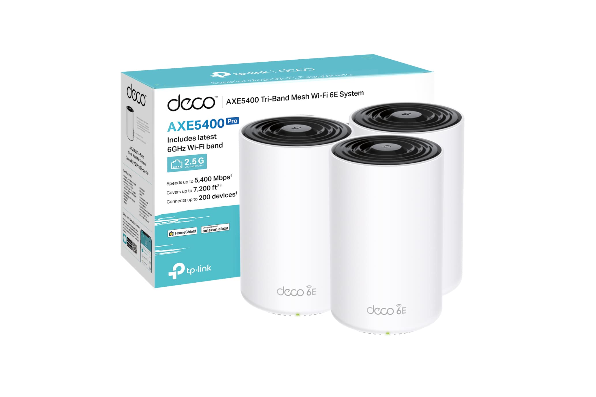 سیستم سه‌باند مش وای‌فای 6E TP-Link Deco XE75 Pro AXE5400 Whole Home، 1 پورت 2.5 گیگابیت بر ثانیه + 2 پورت گیگابیت، مش تحت هوش مبتنی بر هوش مصنوعی، پوشش تا 2،900 فوت مربع، اتصال تا 200 دستگاه، HomeShield، 8K، بسته 3 عددی وای‌فای 6E AXE5400
