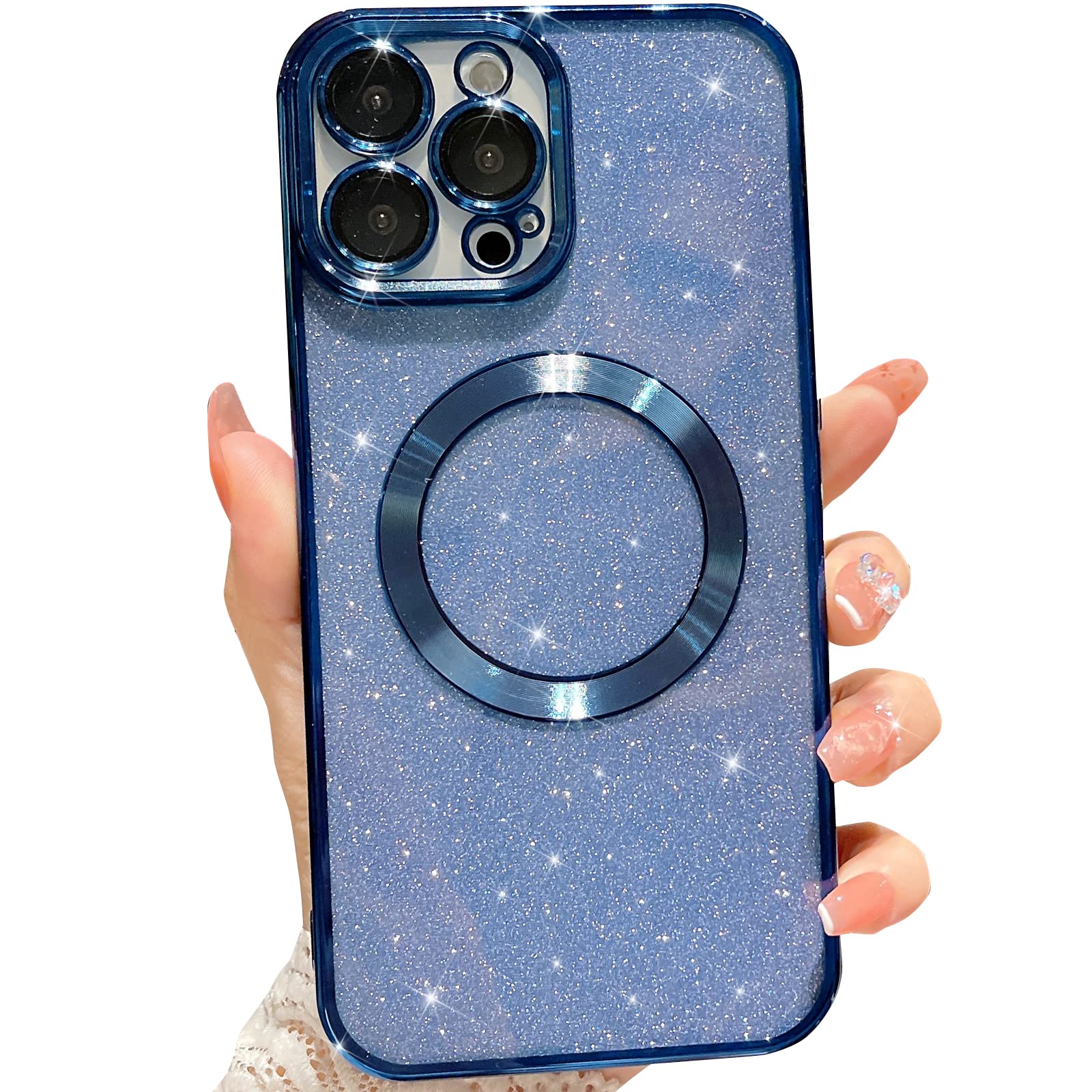 سازگار با iPhone 13 Pro Max Magnetic Glitter Case، Luxury Plating Cute Bling Clear Phone Case، سازگار با MagSafe برای زنان و دختران با محافظ دوربین و پشتیبانی - آبی