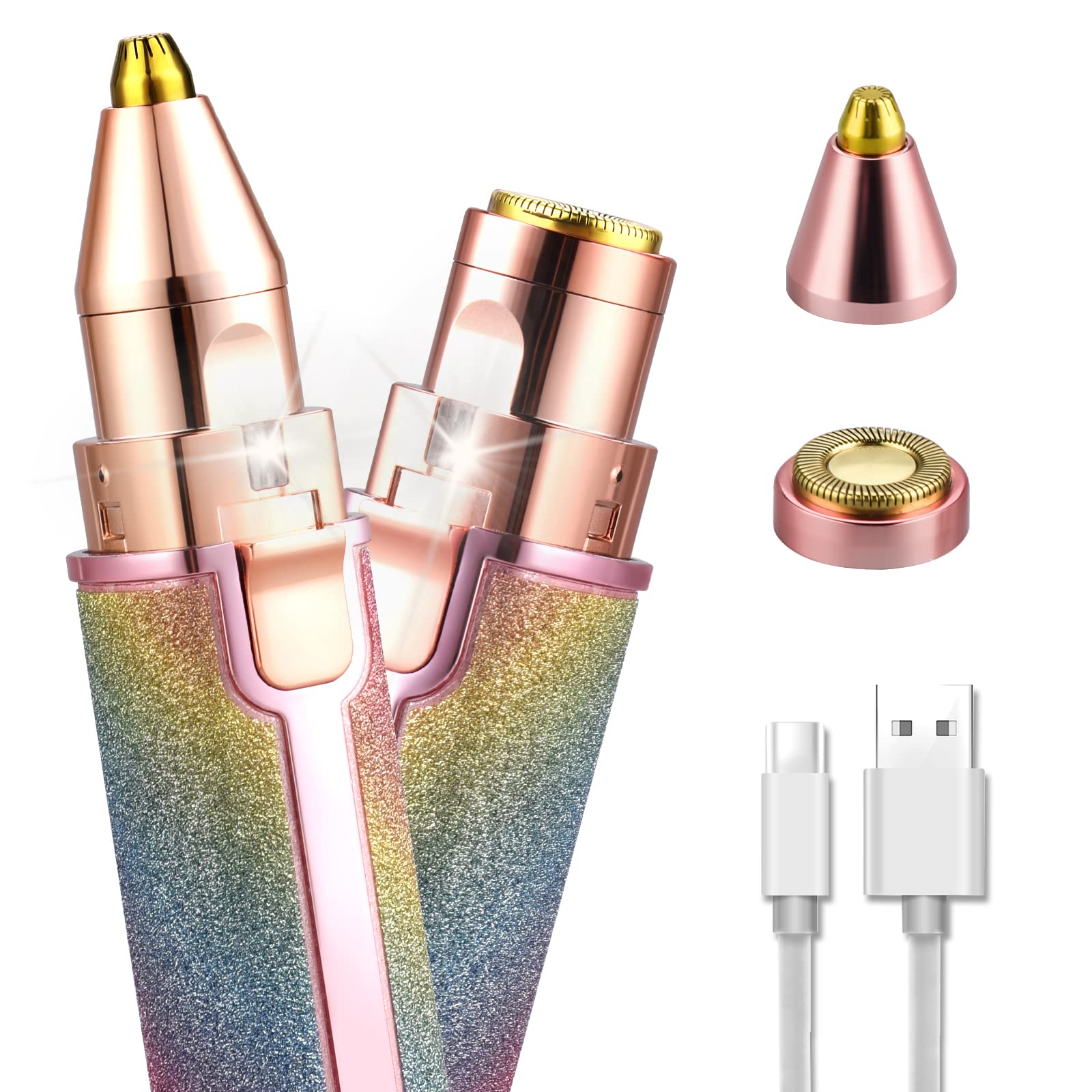 جاروبرقی ابرو زنانه CkeyiN، یک دستگاه 2 در 1 با قابلیت شارژ USB برای اصلاح بدون درد و دقیق ابرو، دارای چراغ LED برای اصلاح صورت برای بینی، لب، بدن