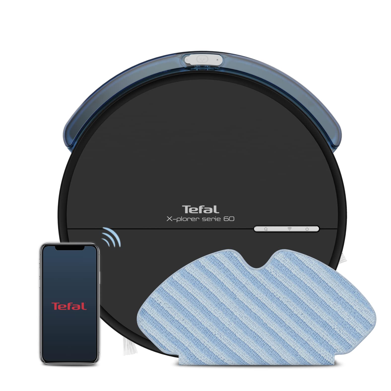 جاروبرقی رباتیک TEFAL | سری X-Plorer 60 | موشکاف هوشمند | باریک و کوچک | عملیات تمیزکاری 4 در 1 | ماپ Aqua Force | سازگار با WiFi و دستیار صوتی | گارانتی 2 ساله | RG7445HO