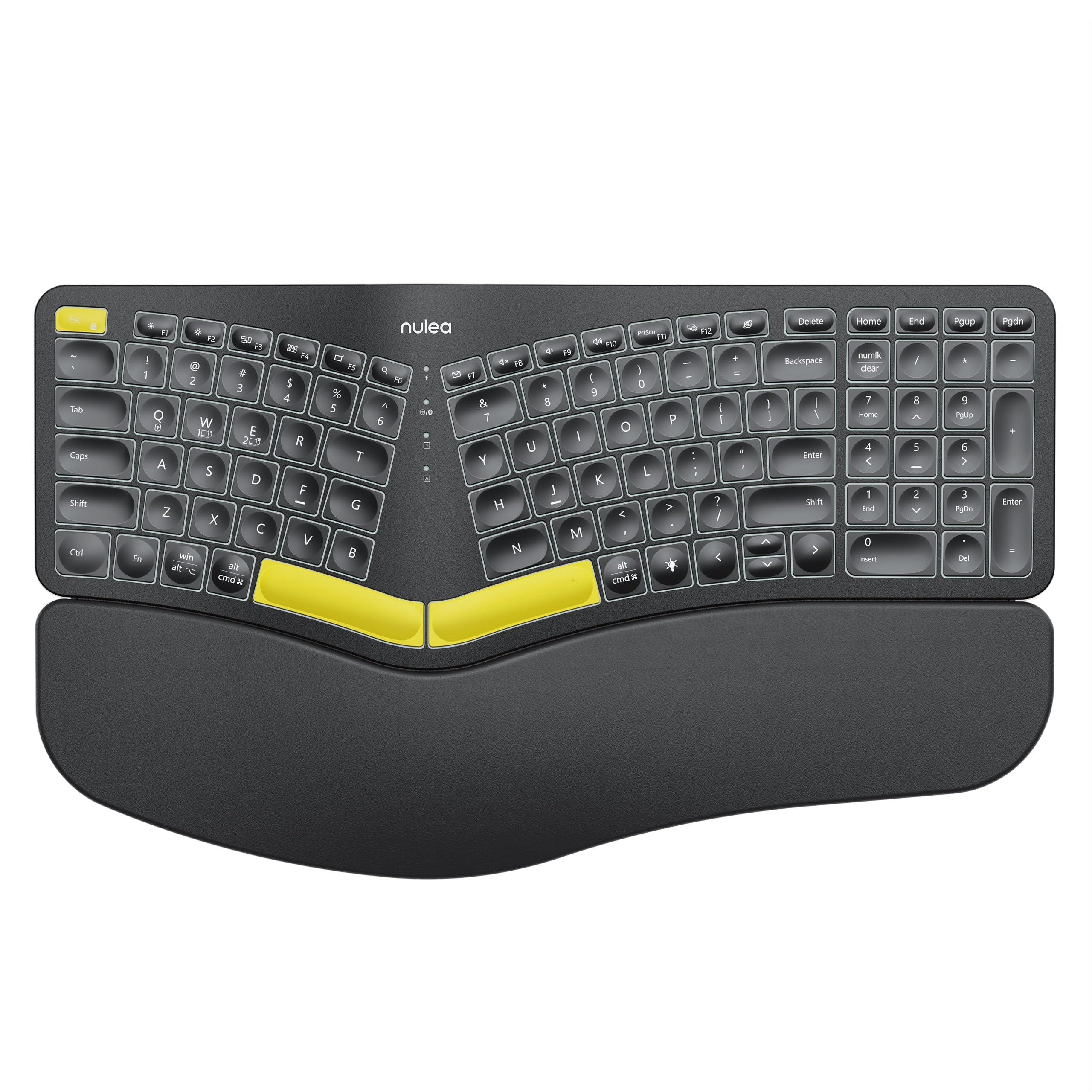 Nulea Wireless Ergonomic Keyboard, Split Keyboard with Wrist Rest, USB-C Charging, 7-Color Backlight, Natural Typing, Bluetooth and USB Connectivity, Compatible with Windows/Mac Black