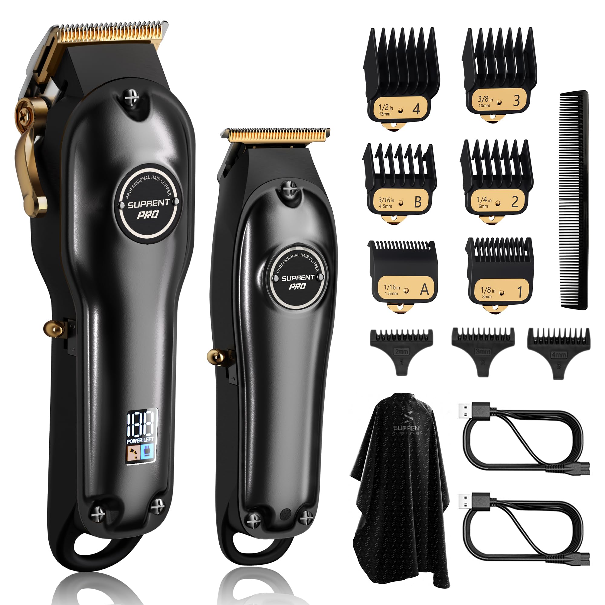 ماشین های حرفه ای کوتاه کننده مو SUPRENT® برای مردان، کیت کوتاه کننده مو و قیف بدون فاصله T-Blade، مجموعه ماشین دستی باربر بی سیم با نمایشگر LED برای هدایای مردان (مشکی)