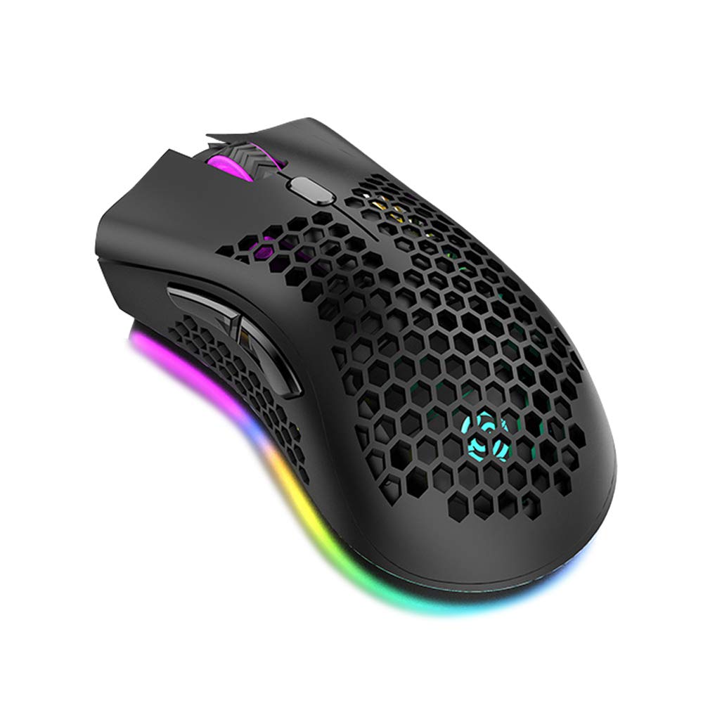 موس بازی بی‌سیم Eacam 2.4G با امکان شارژ دارای اثر نوری RGB و 3 DPI قابل تنظیم طراحی عسل‌کام از داخل خالی با رنگ‌های سفید و مشکی