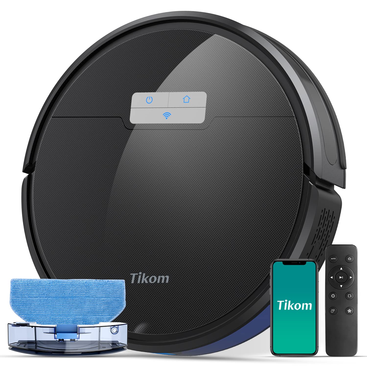 جاروبرقی و ماچین جاروبازوقه تیکوم G8000 Pro، با ویژگی های مکش 4500 پاسکال، زمان کارکرد بیشینه 150 دقیقه، جاروبرقی رباتیک با قابلیت شارژ اتوماتیک، ساکت، کنترل از طریق اپلیکیشن و صدا، ایده آل برای فرش، کف سخت، رنگ مشکی