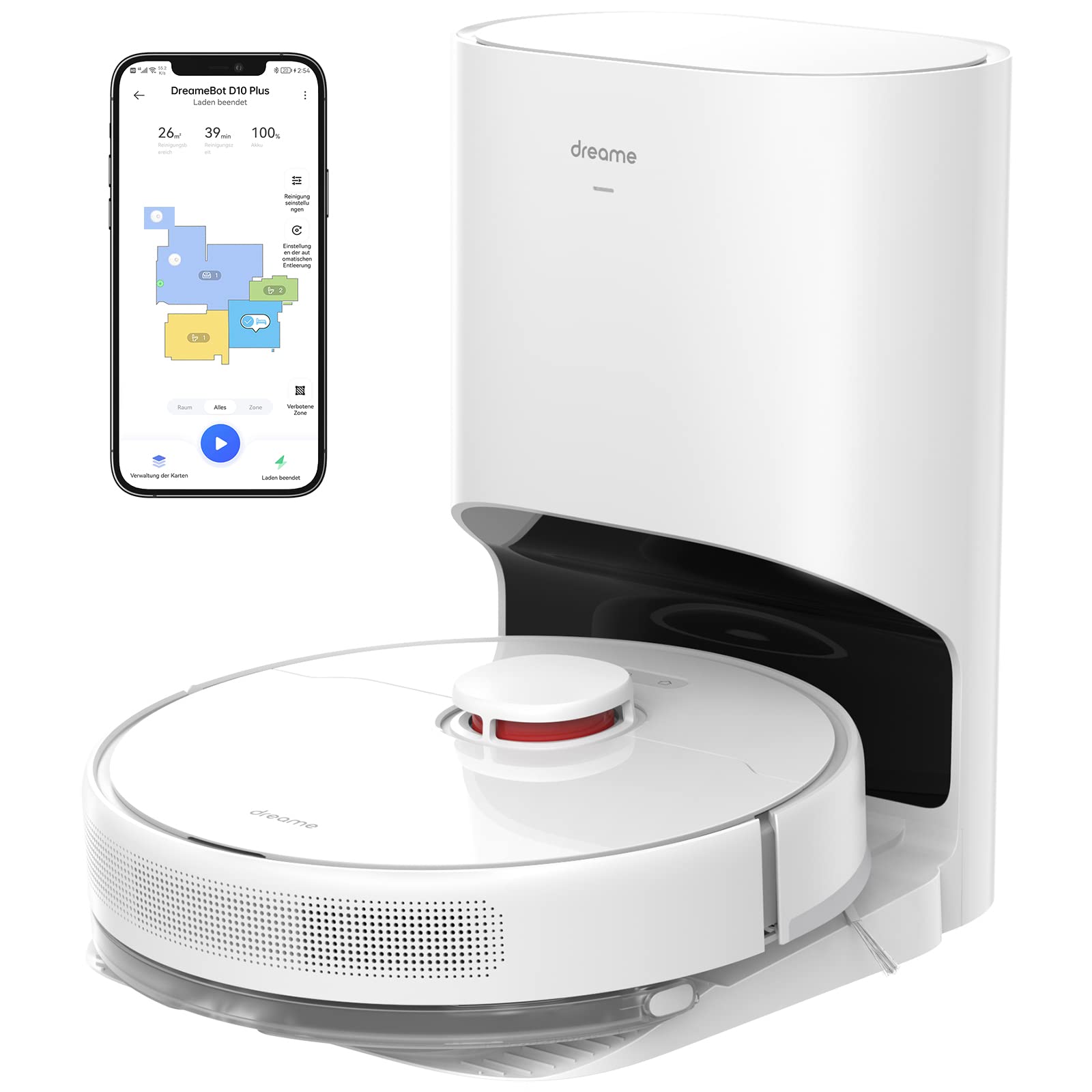 روبوت جاروبرقی و ماساژور Dreametech D10 Plus با ایستگاه خودتخلیه 2.5 لیتری ، 4000 پاسکال ، ناوبری LiDAR-تشخیص موانع-نقشه قابل ویرایش ، کف سخت و فرش ، زمان کارکرد 170 متر مربع ، وای فای/برنامه/آلکسا نسخه امارات متحده عربی