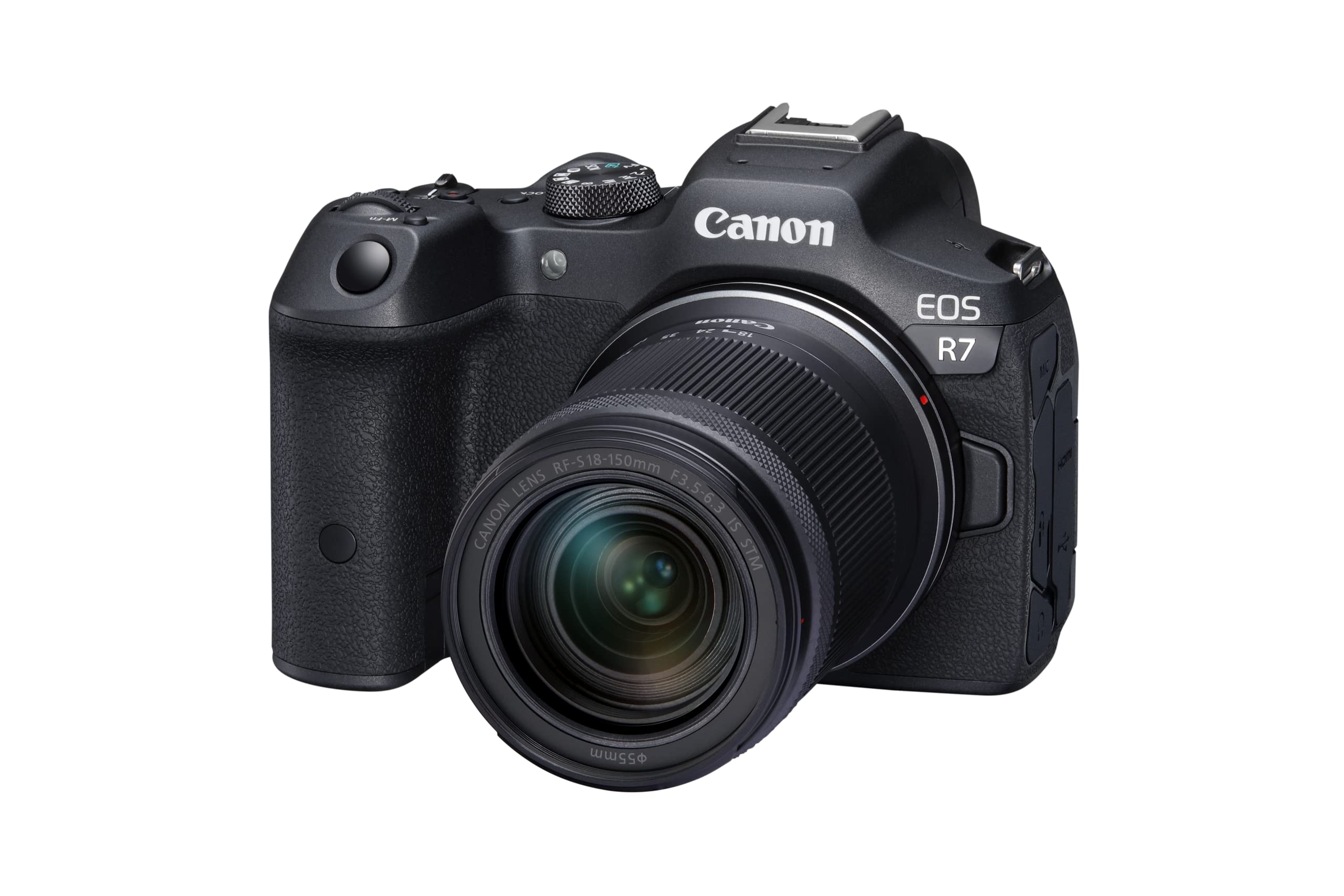 دوربین بدون آینه Canon EOS R7 با لنز RF-S 18-150 میلی‌متر F3.5-6.3 STM (ارتقای دی‌اس‌ال‌آر، دوربین هیبریدی، ضبط ویدیو 4K/30p، تا 15 فریم در ثانیه، WLAN)، رنگ سیاه. سیستم دوربین + لنز RF 18-150 میلی‌متر
