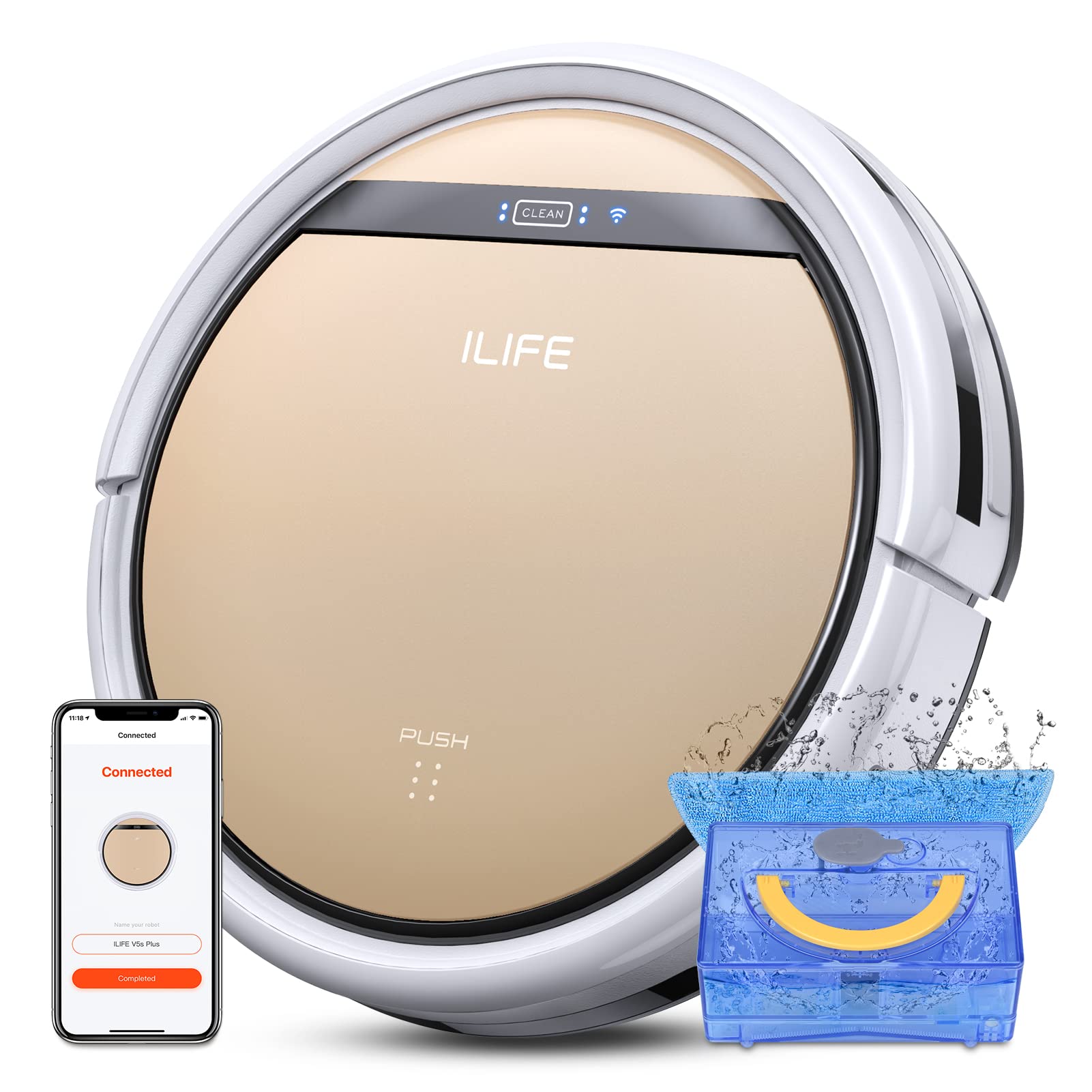 ربات خالص و مپ کامبو ILIFE V5s Plus، کار می کند با Wi-Fi / App / Alexa 2.4G، خودکار شارژ خودکار، خالص خالص خالص خالص، پاک کردن کف سخت، فرش و موهای حیوانات خانگی (ارتقا V5s Pro)
